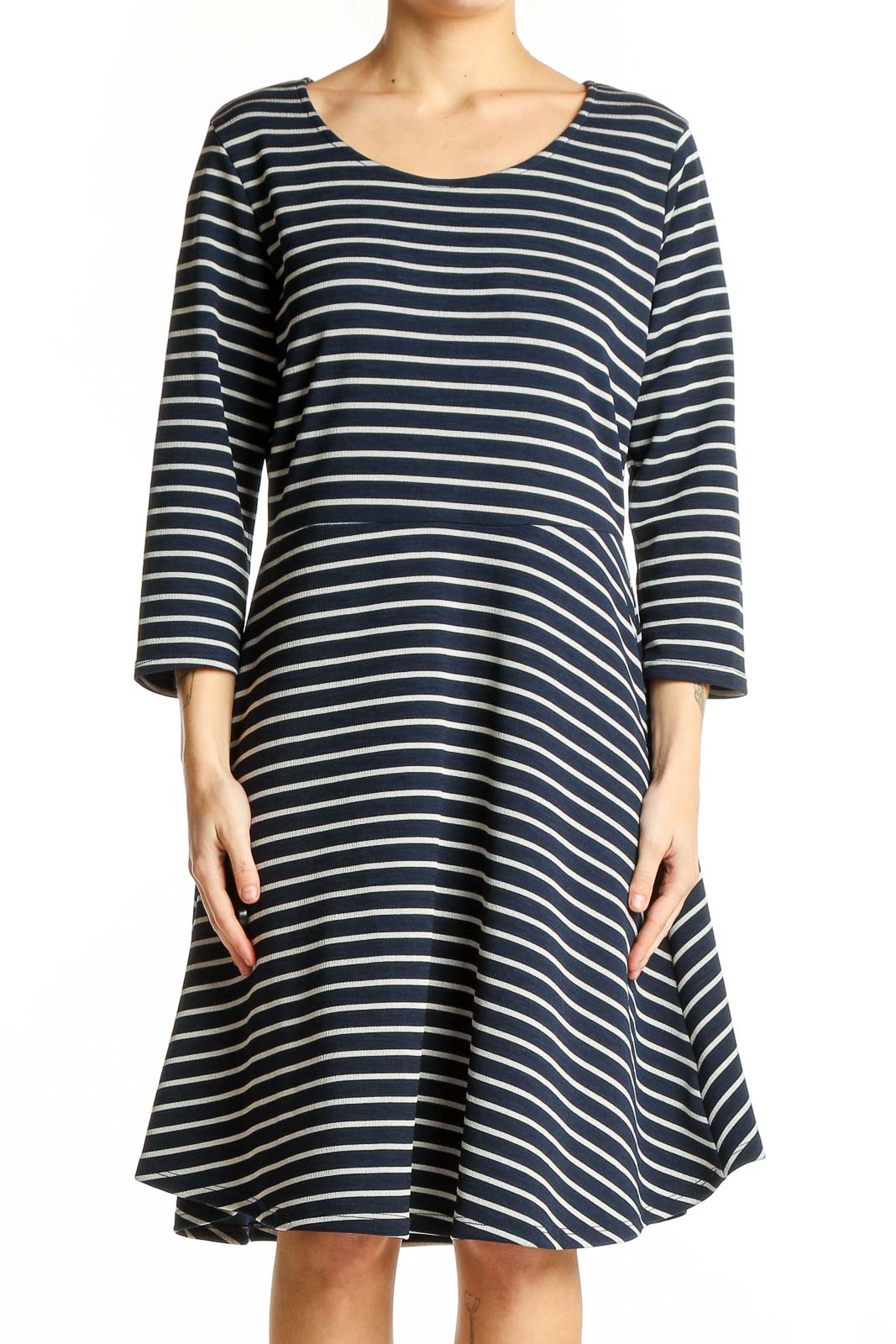 Navy Striped A-Line Dress Front