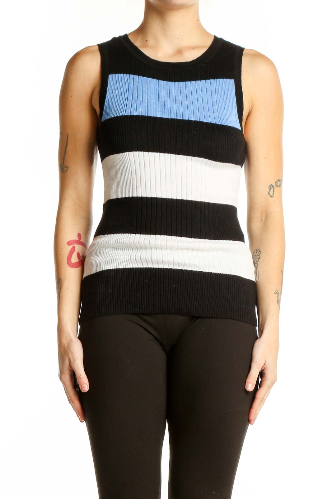 Black and White Striped Sleeveless Top Front