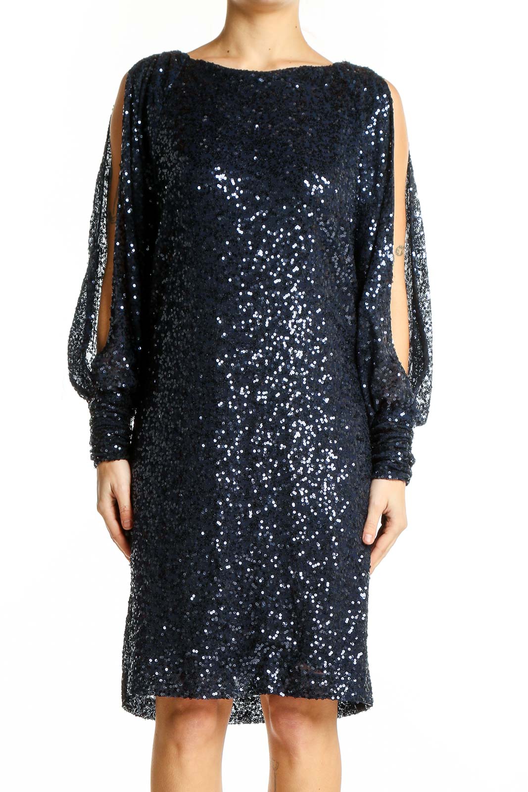 Navy Sequin Split-Sleeve Cocktail Dress Front