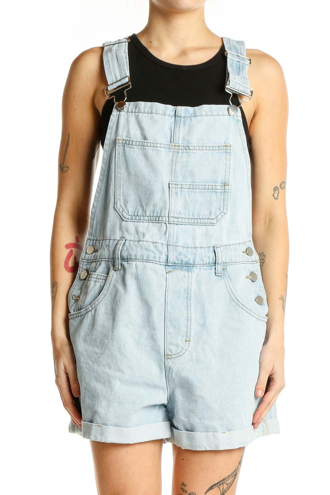 Light Blue Denim Short Overalls Front