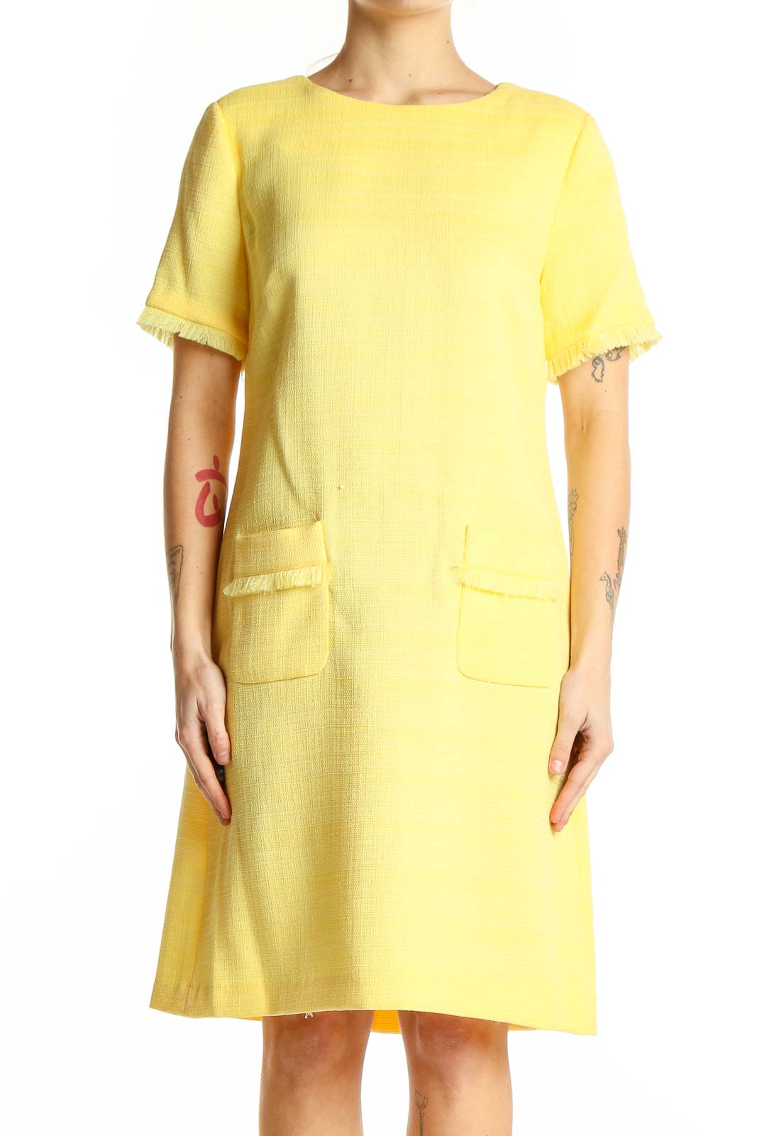 Yellow Textured Shift Dress with Frayed Edges Front