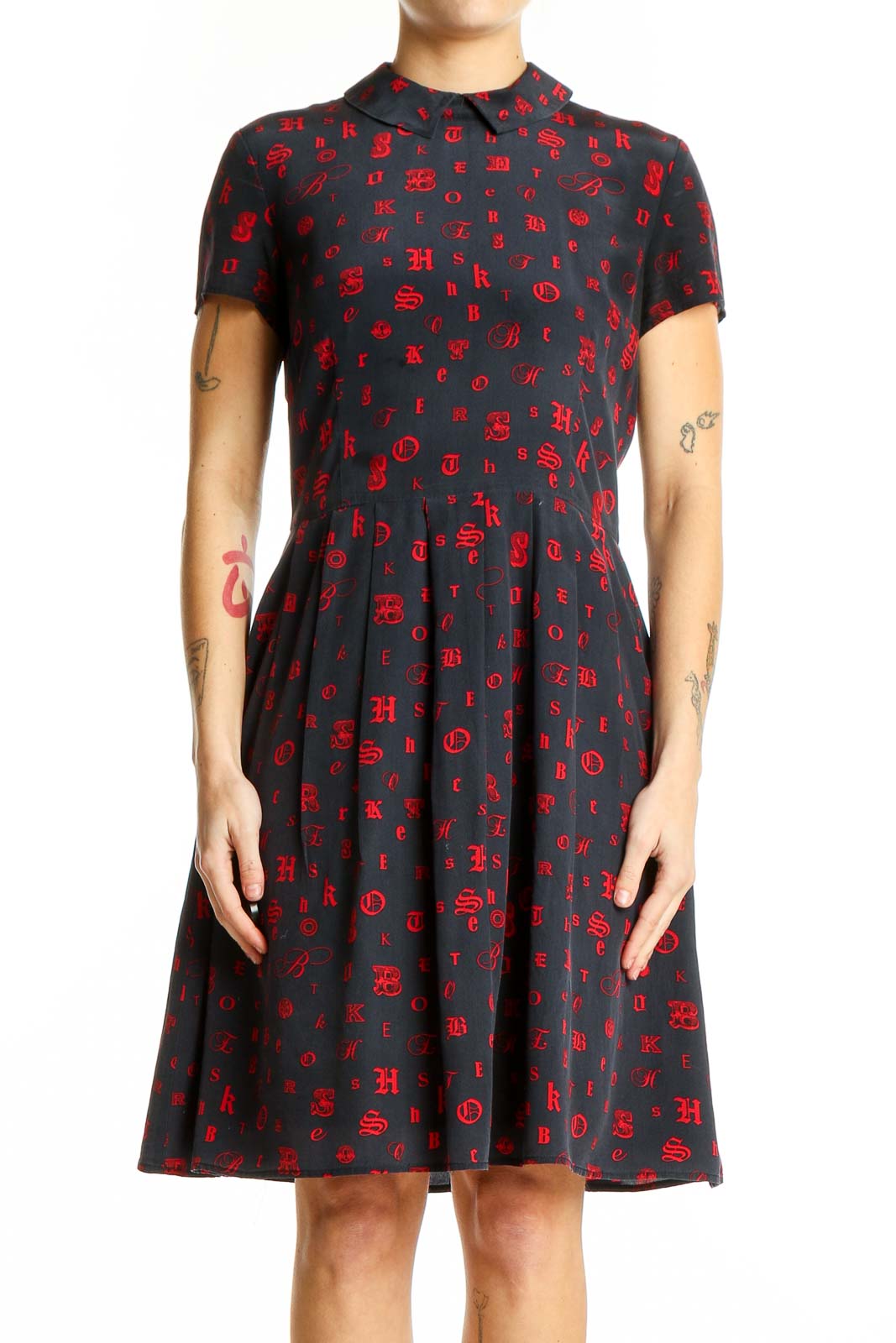 Navy Printed Short Sleeve Dress Front