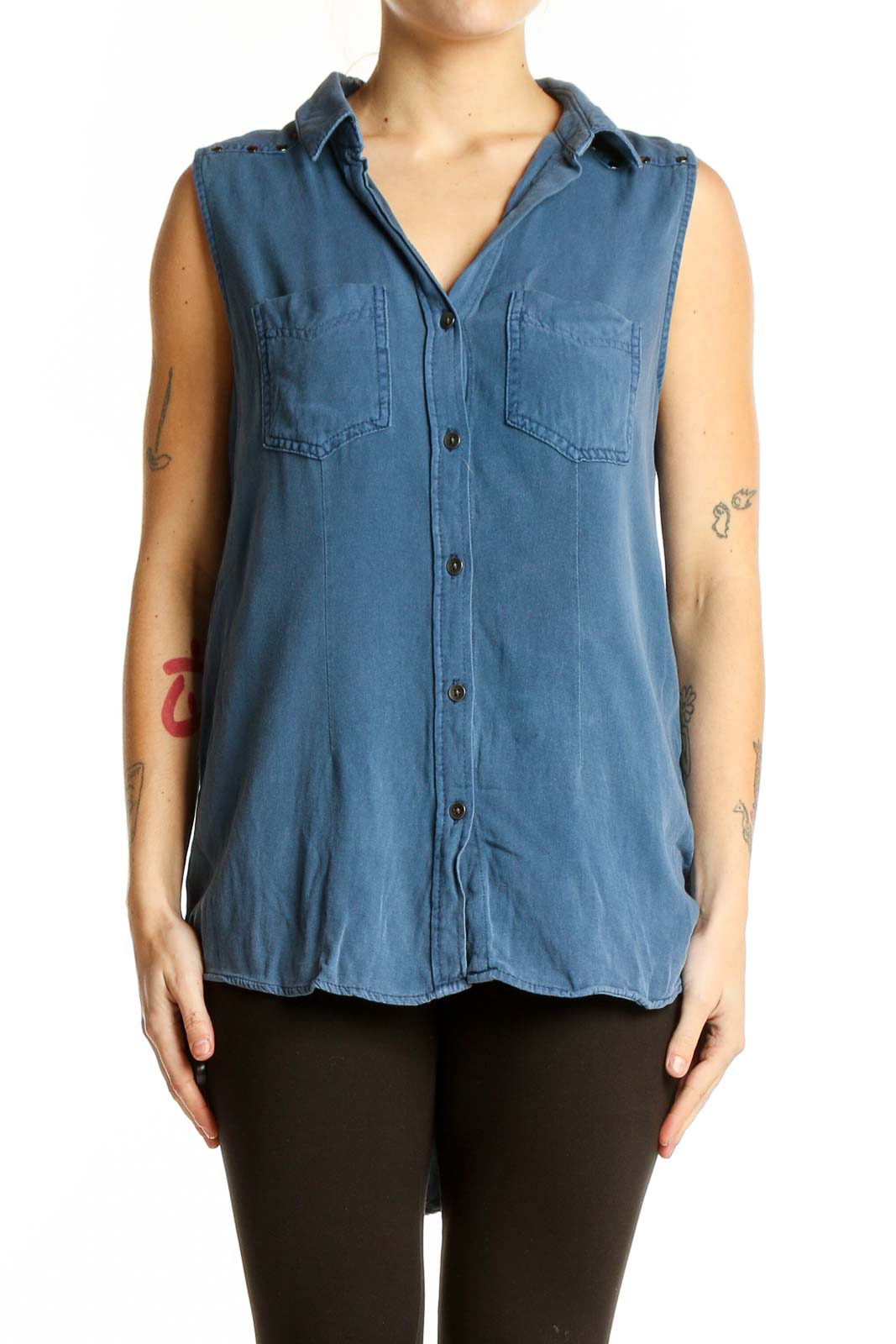 Blue Sleeveless Button-Down Shirt Front