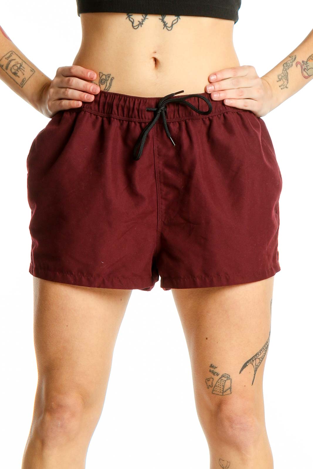 Burgundy Polyester Athletic Shorts Front