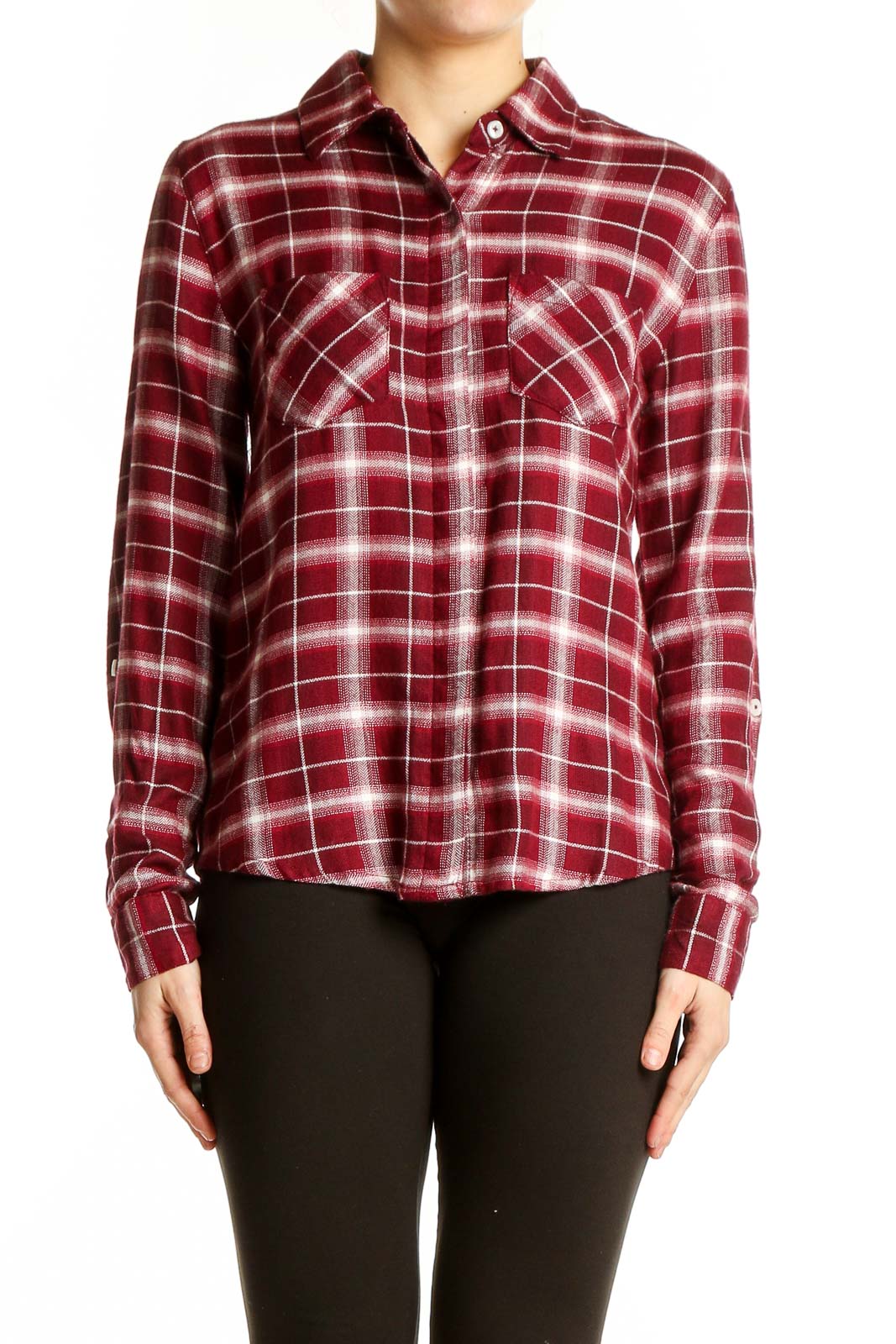 Burgundy Plaid Rayon Button-Up Shirt Front