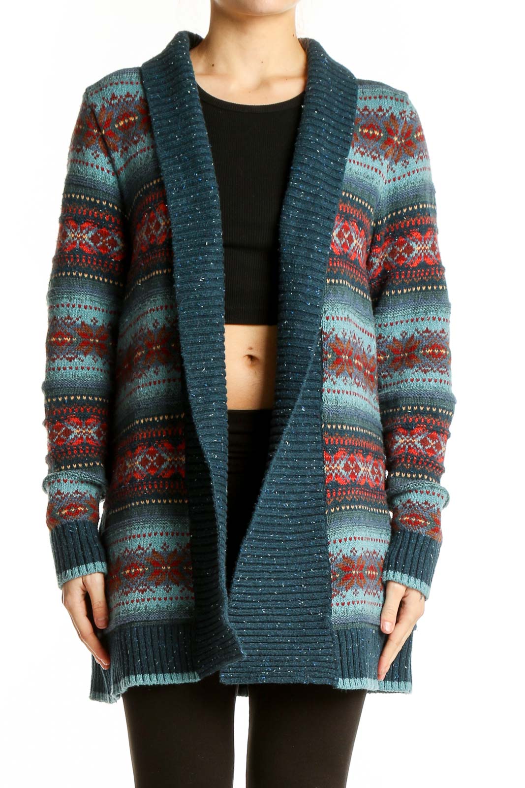 Teal Fair Isle Pattern Cardigan Front