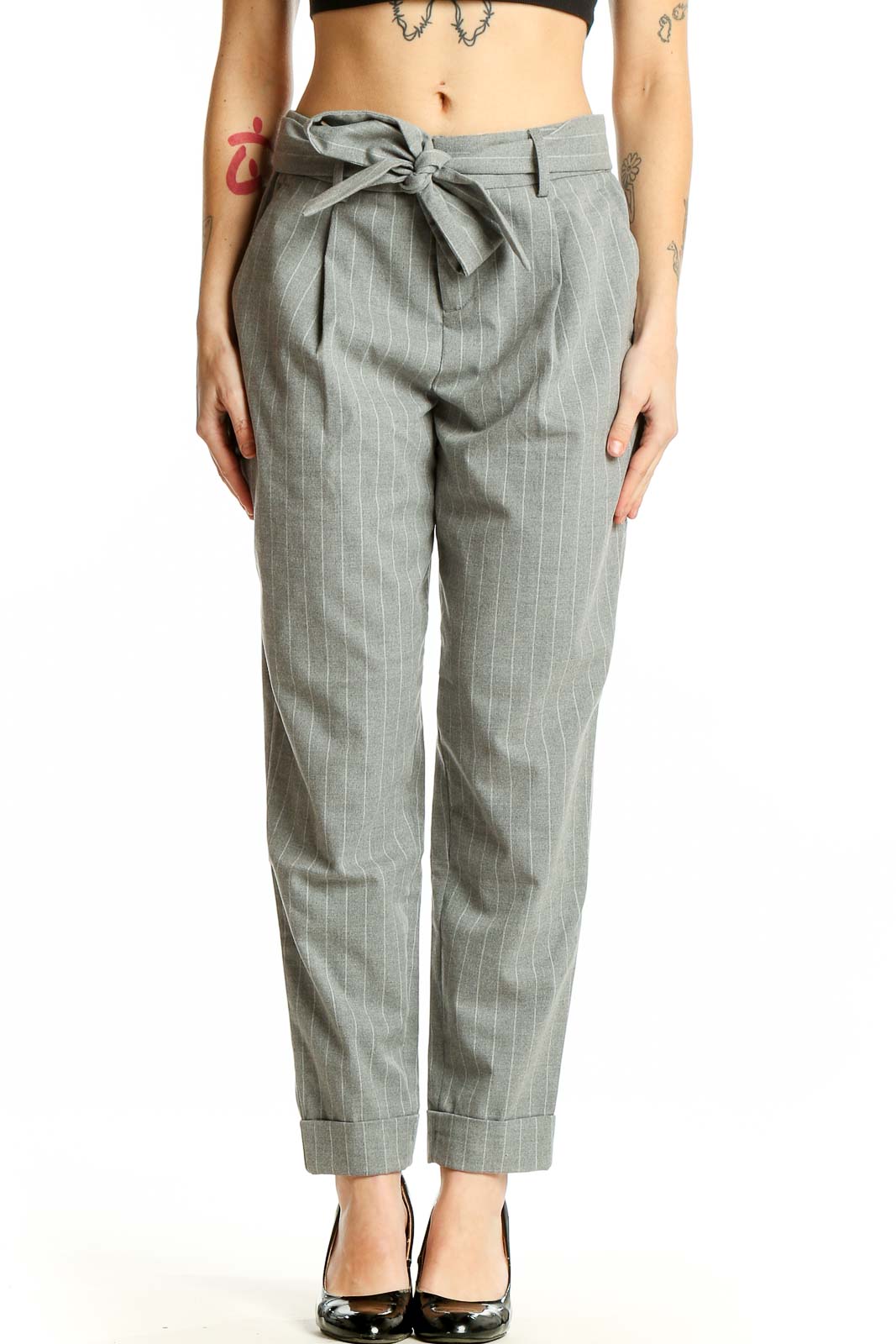 Gray Pinstriped Tie-Waist Trousers Front