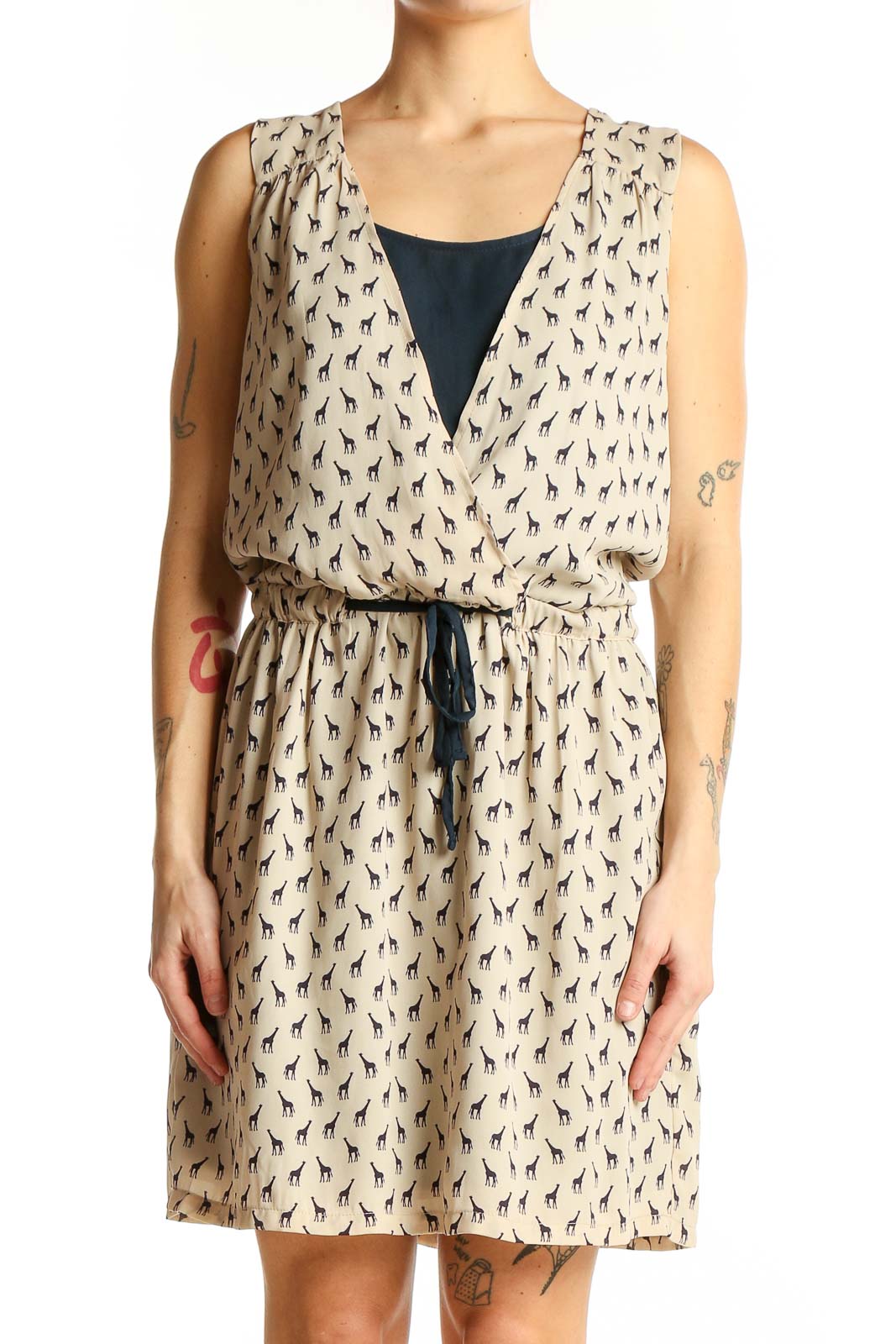 Beige Giraffe Print Sleeveless Dress Front
