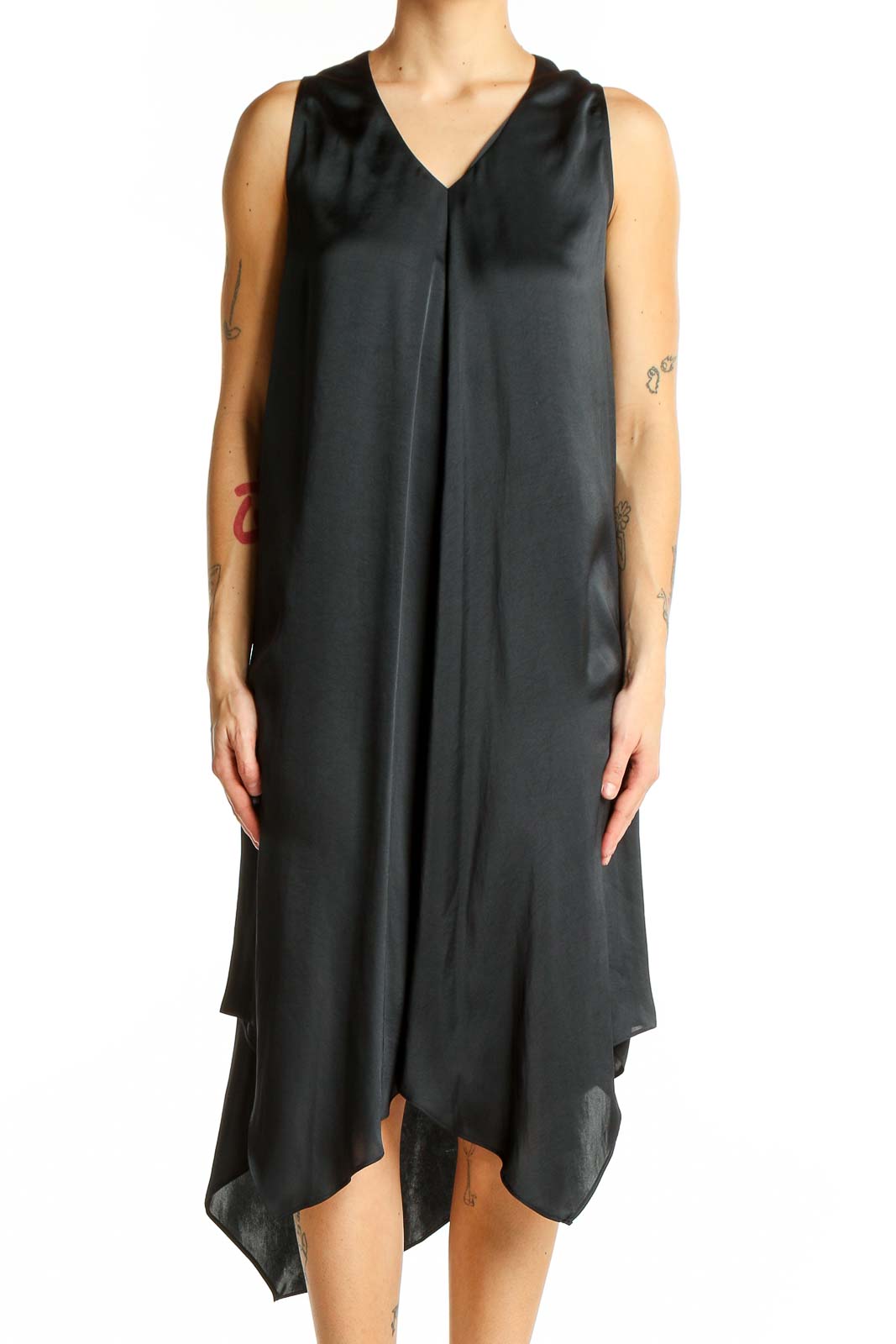 Black Sleeveless Asymmetric Midi Dress Front