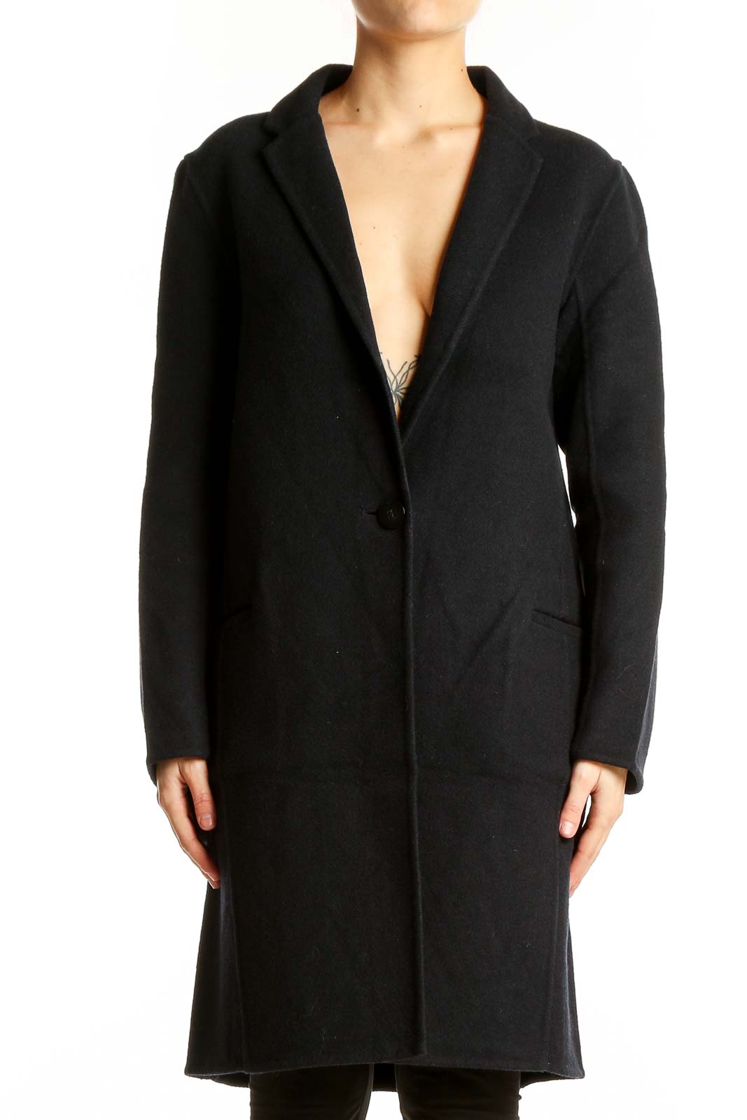 Black Wool Blend Long Coat Front