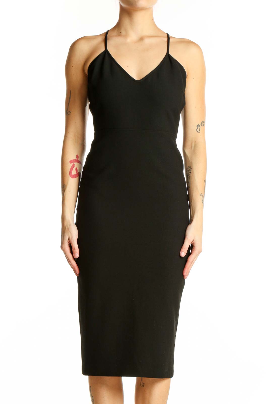 Black Sleek Bodycon Midi Dress Front