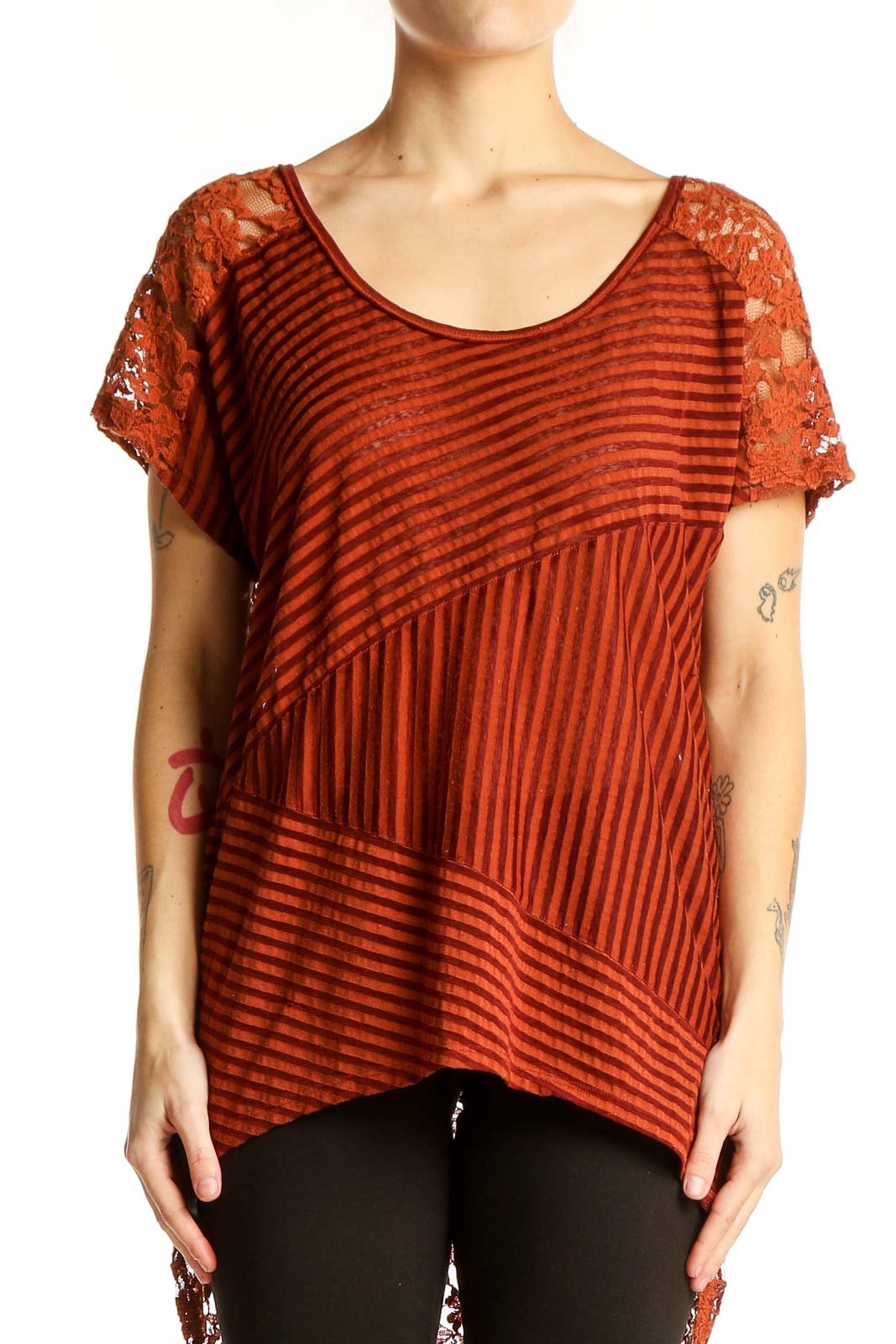 Rust Striped Lace-Sleeve Top Front
