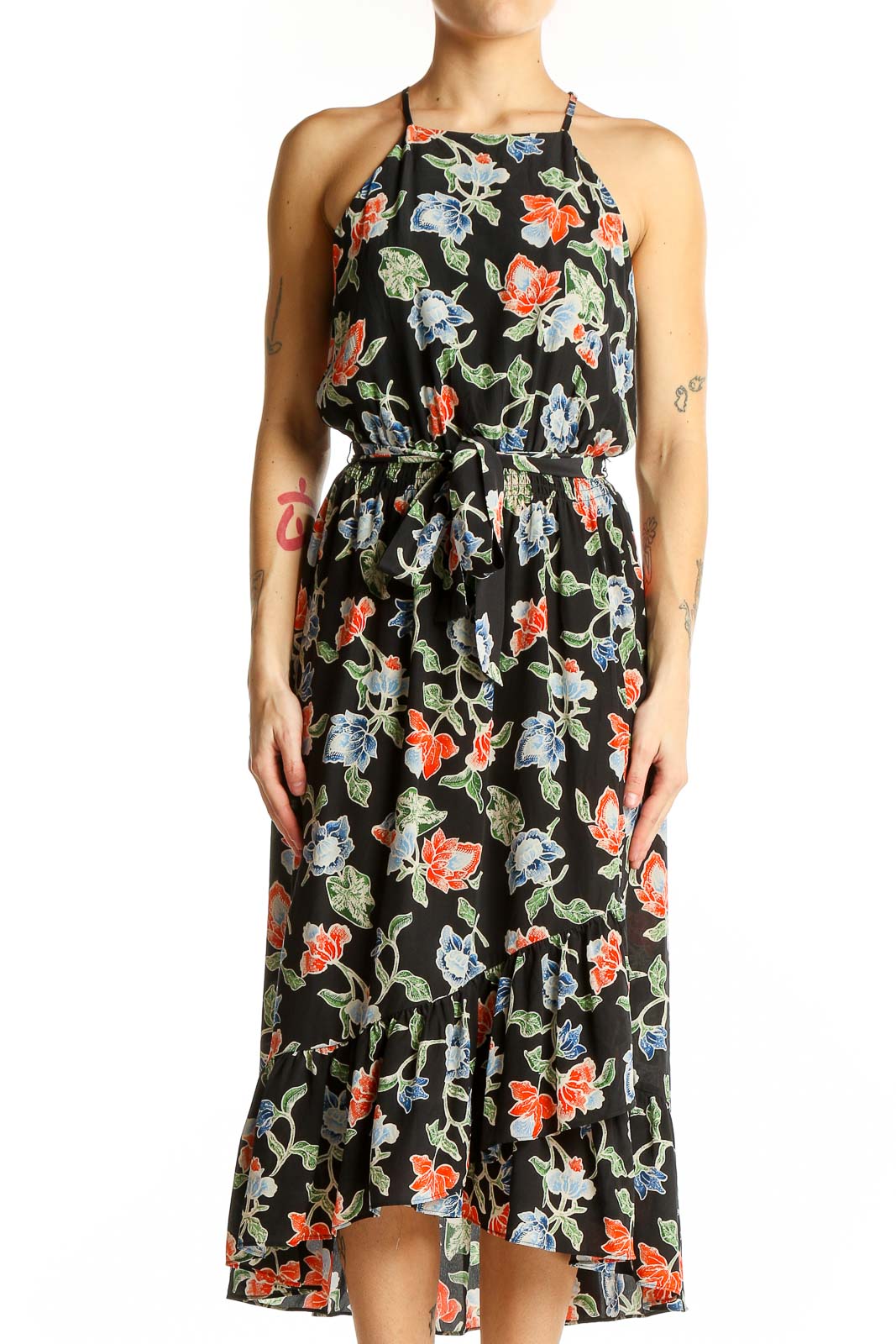 Black Floral Silk Halter Midi Dress Front