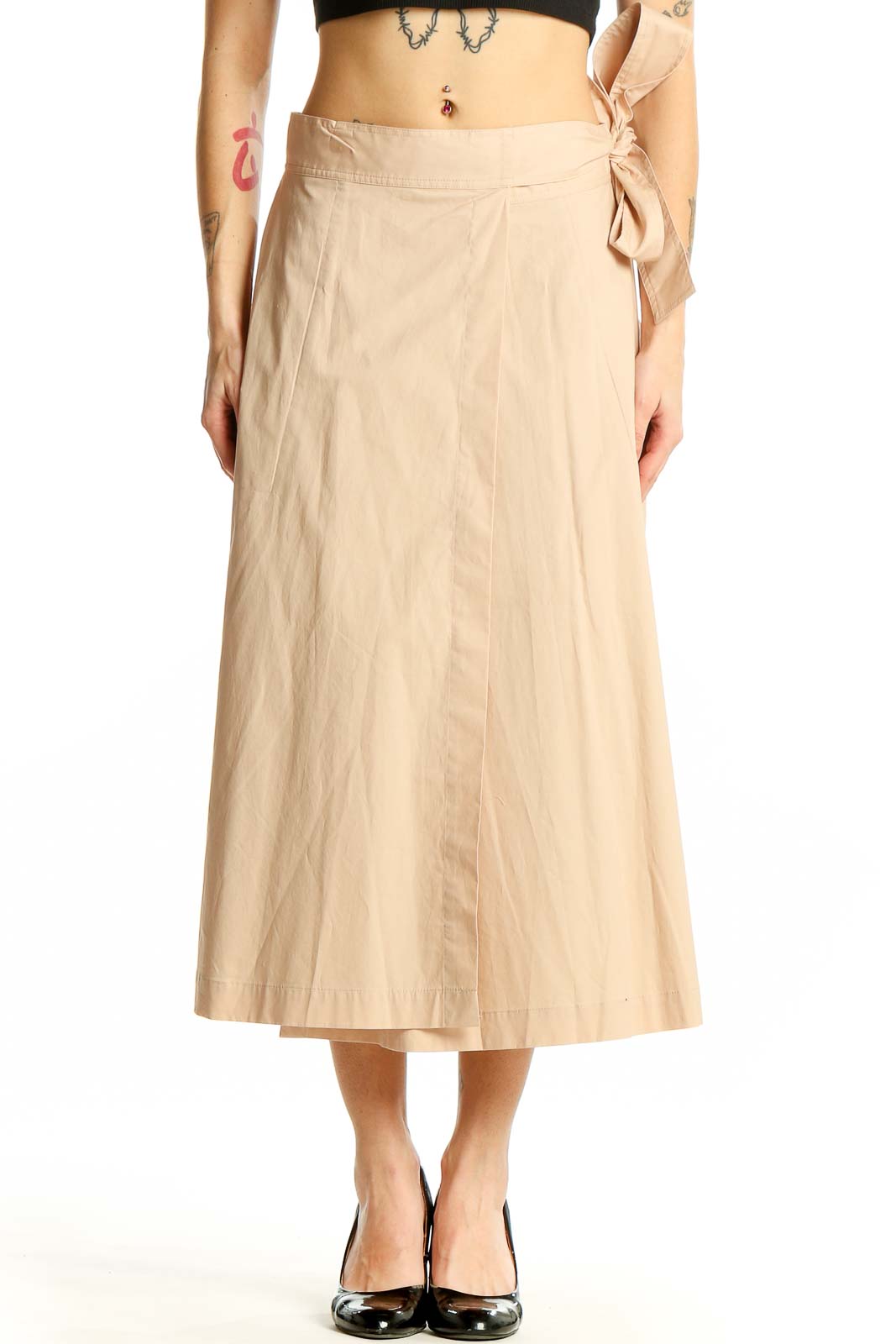 Beige Cotton Blend Midi Wrap Skirt Front
