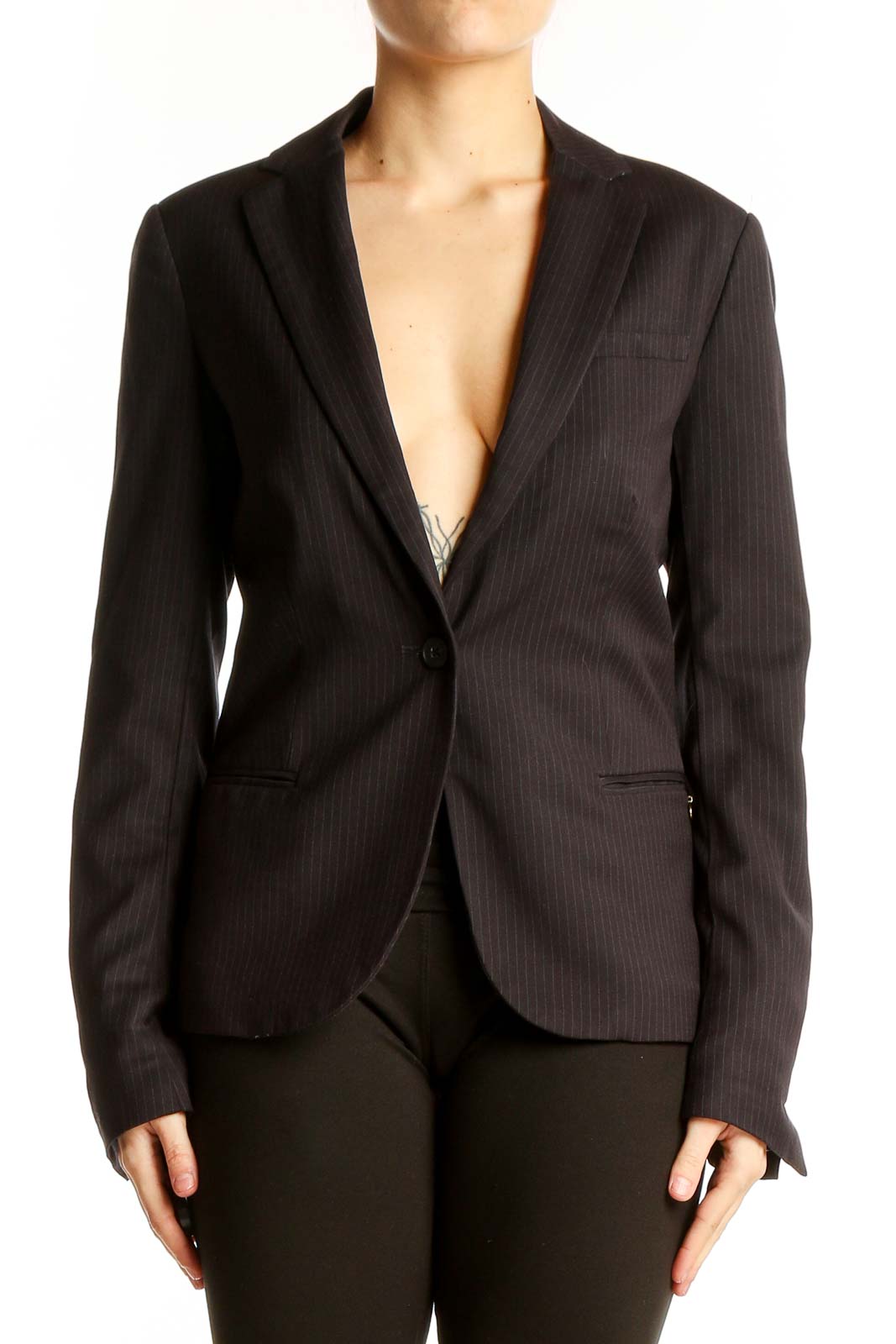 Black Pinstriped Tailored Blazer Front