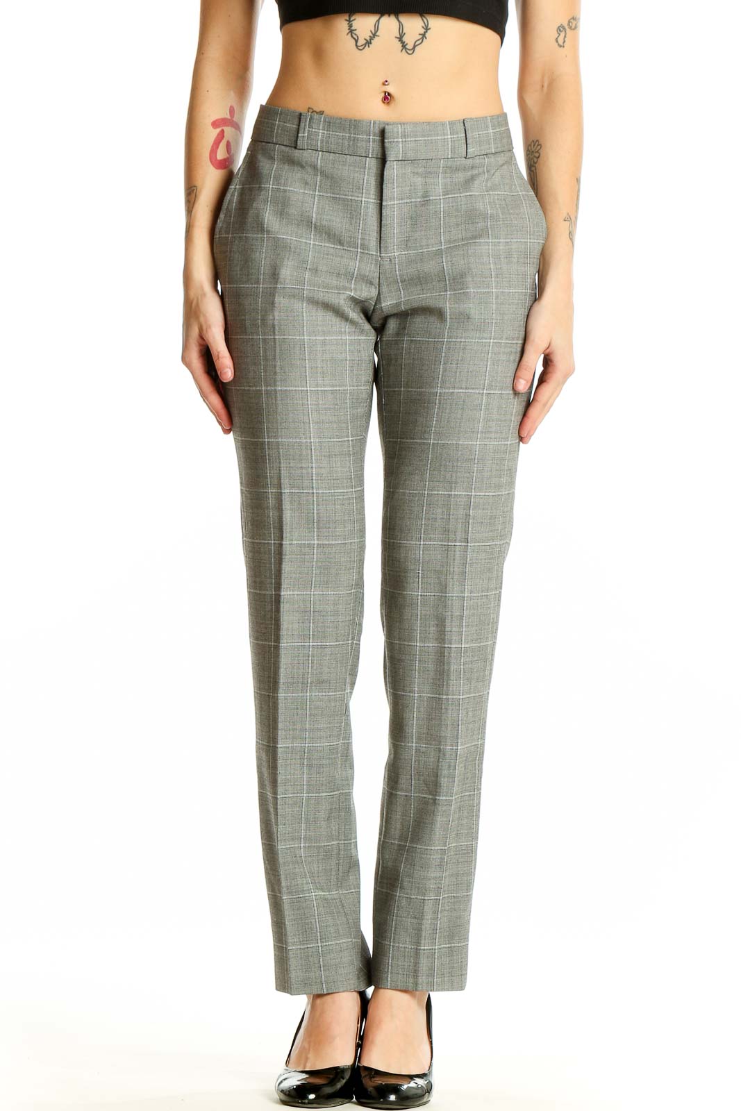 Gray Plaid Wool-Blend Dress Pants Front