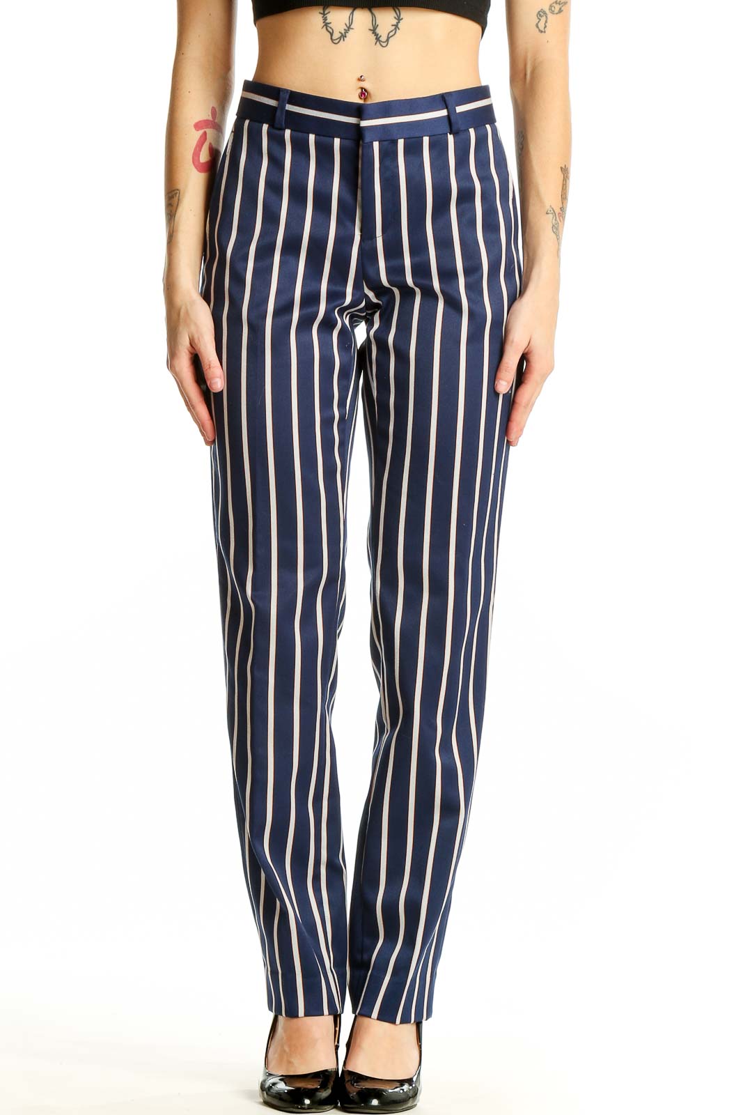 Navy Striped Wide-Leg Trousers Front