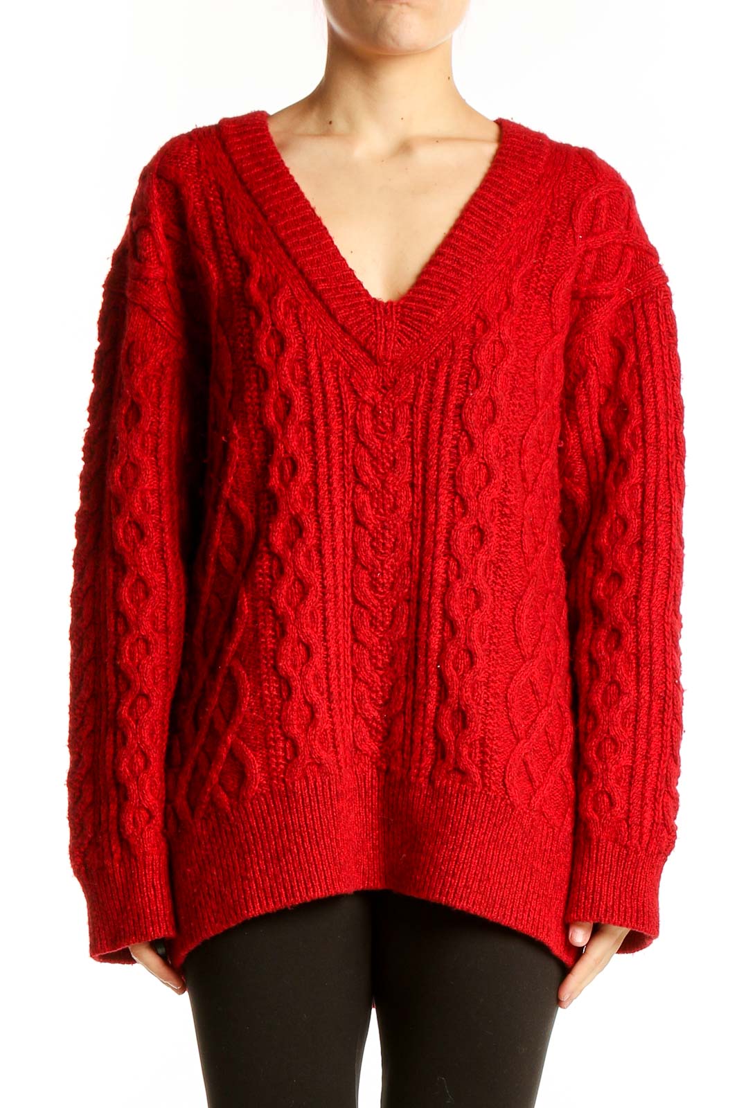 Red Cable Knit V-Neck Sweater Front