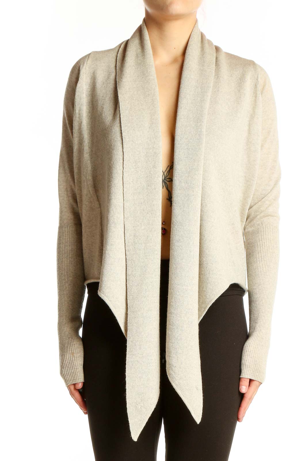 Beige Merino Wool Draped Cardigan Front