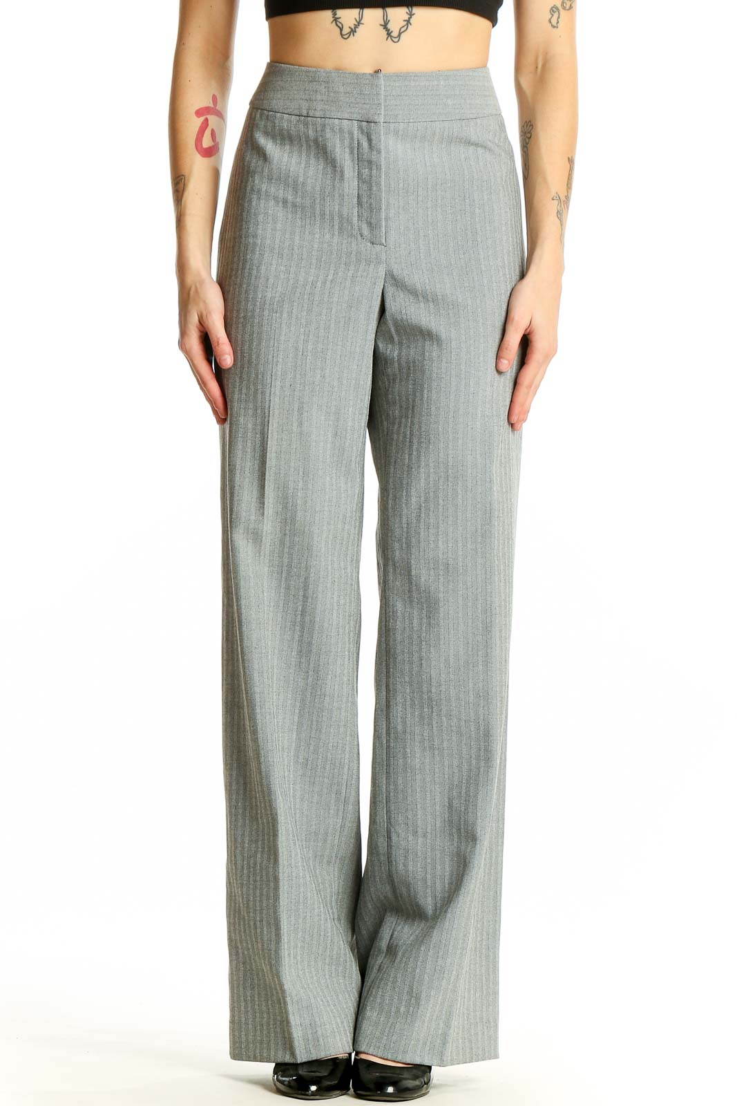 Gray Pinstriped Wide-Leg Trousers Front