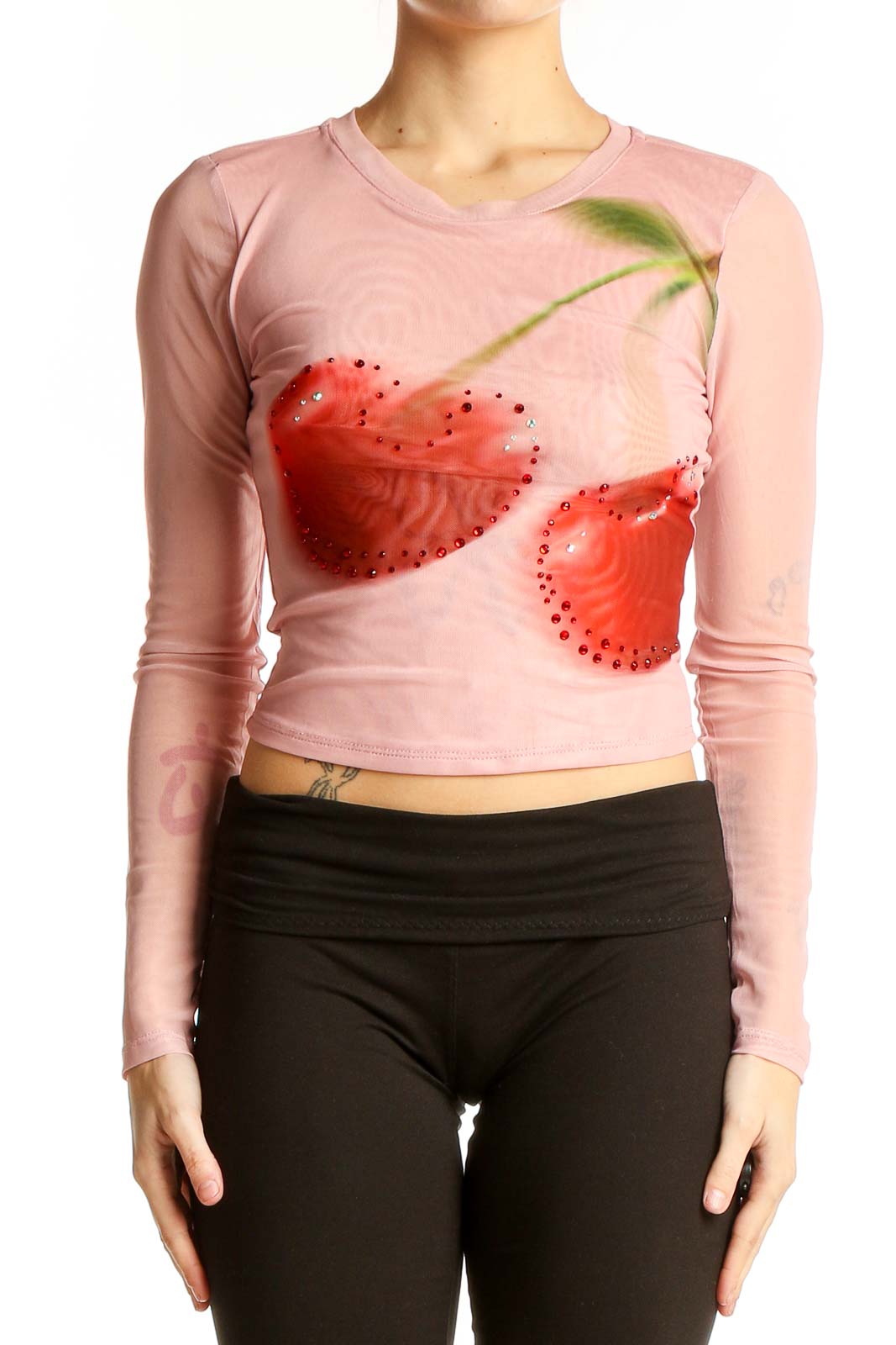 Pink Cherry Print Crop Top Front