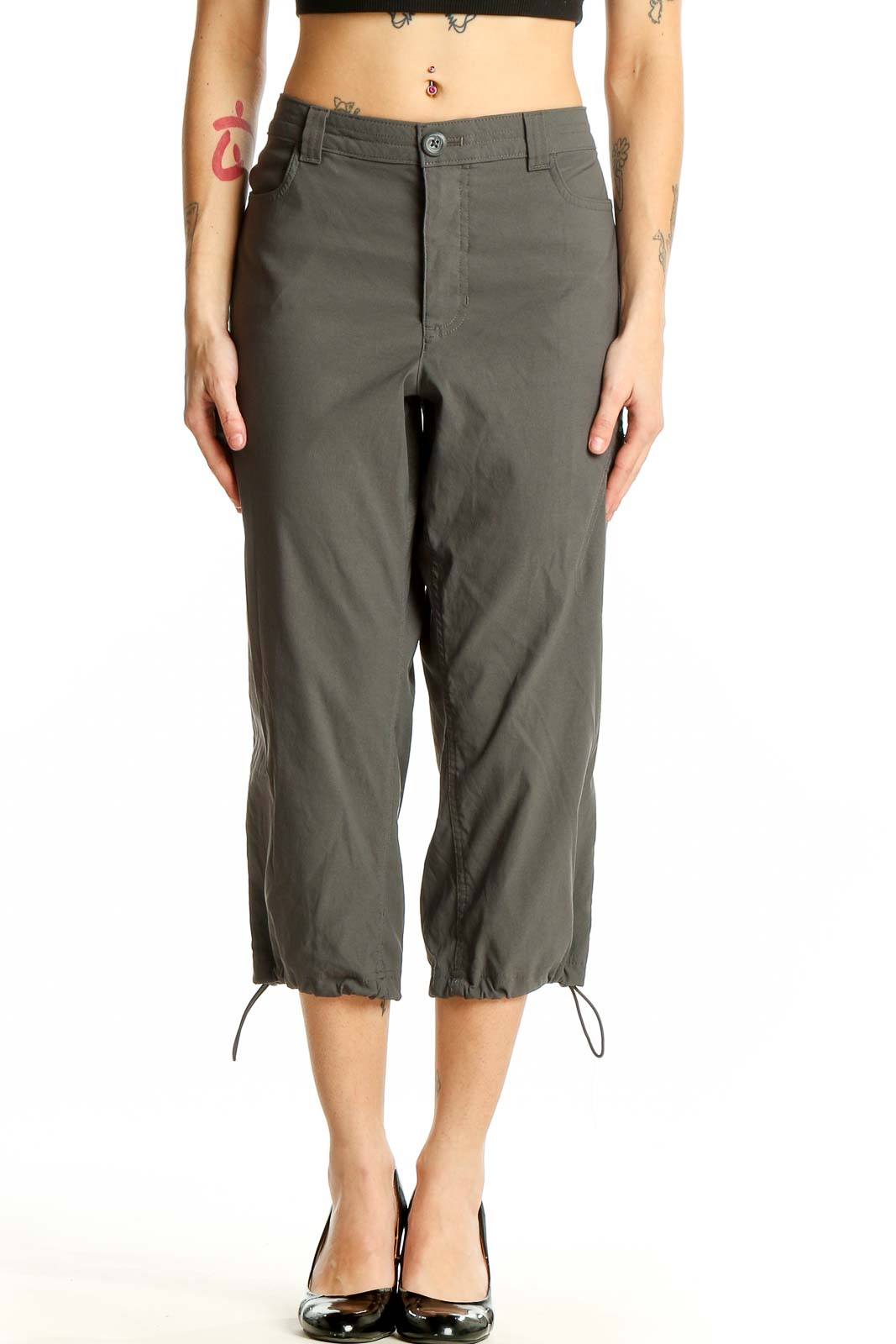 Olive Green Nylon Capri Pants Front