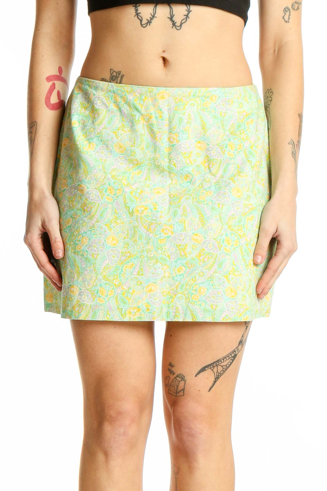 Pastel Green Floral Mini Skirt Front