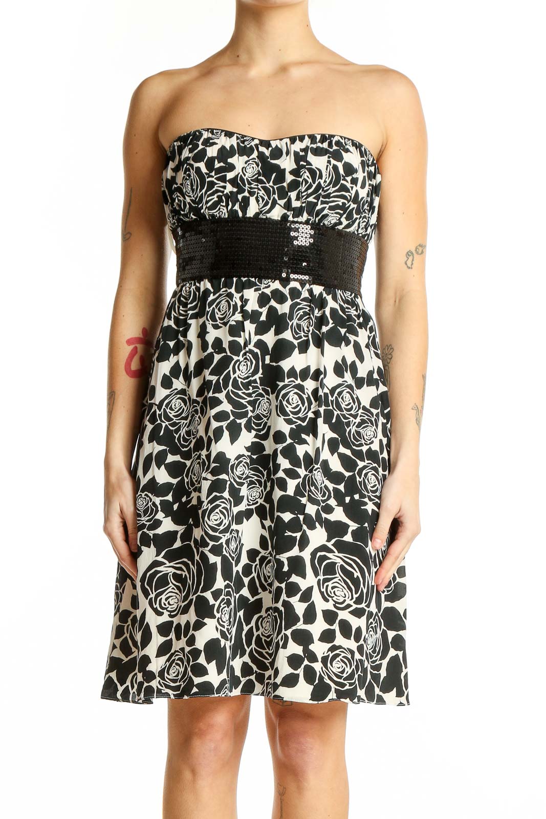 Black and White Floral Strapless Dress Front