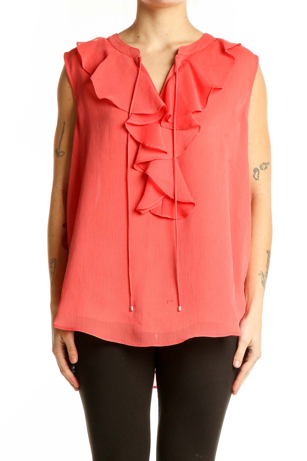 Coral Ruffled Sleeveless Blouse Front