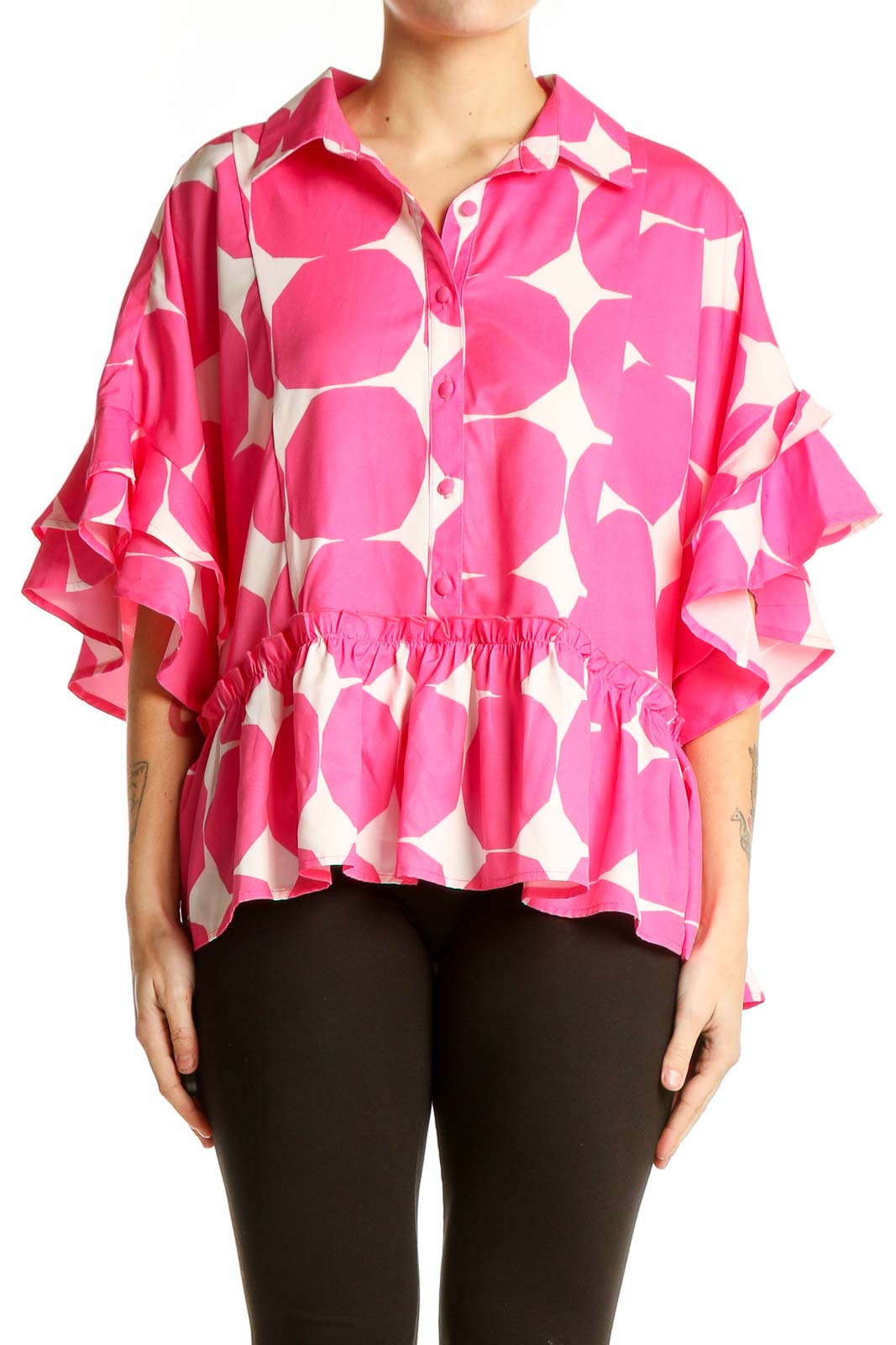 Pink Polka Dot Ruffled Blouse Front