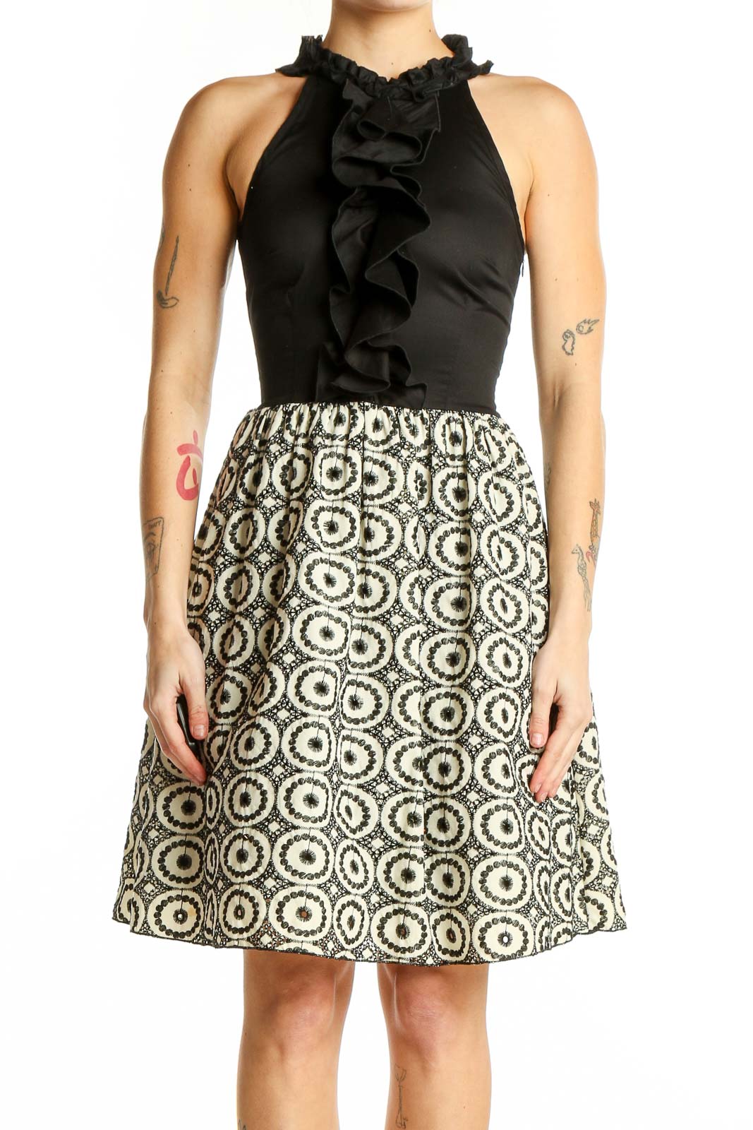 Black and White Geometric Print Halter Dress Front
