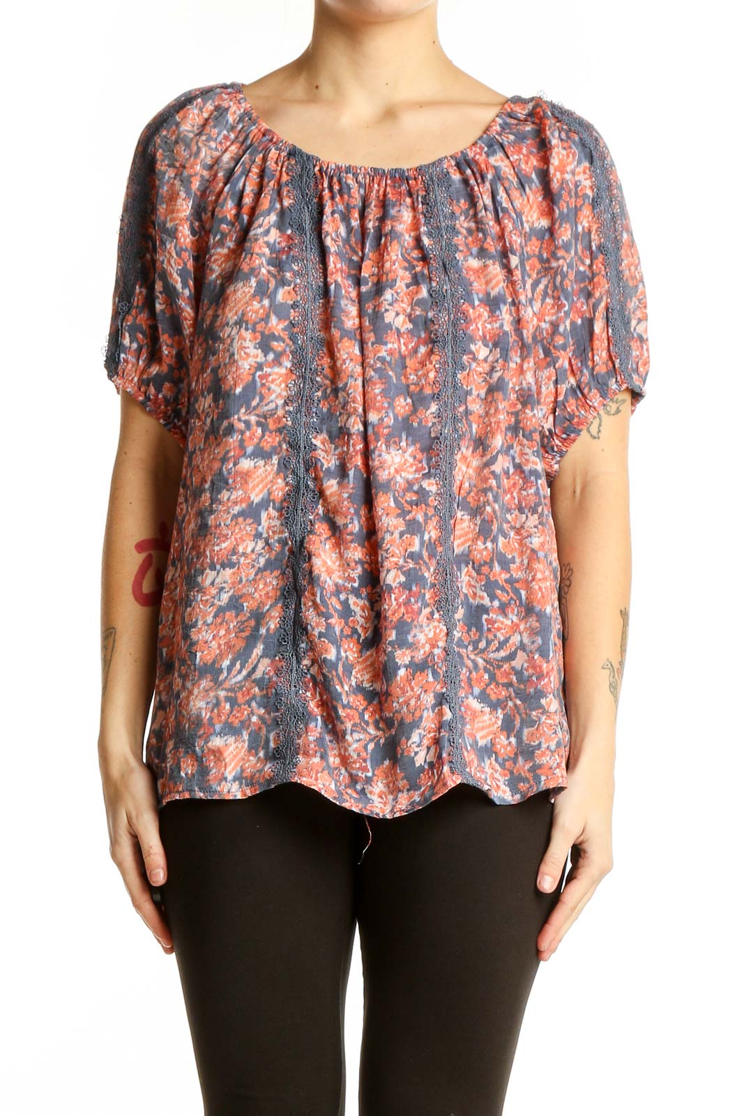 Blue Floral Peasant Blouse Front