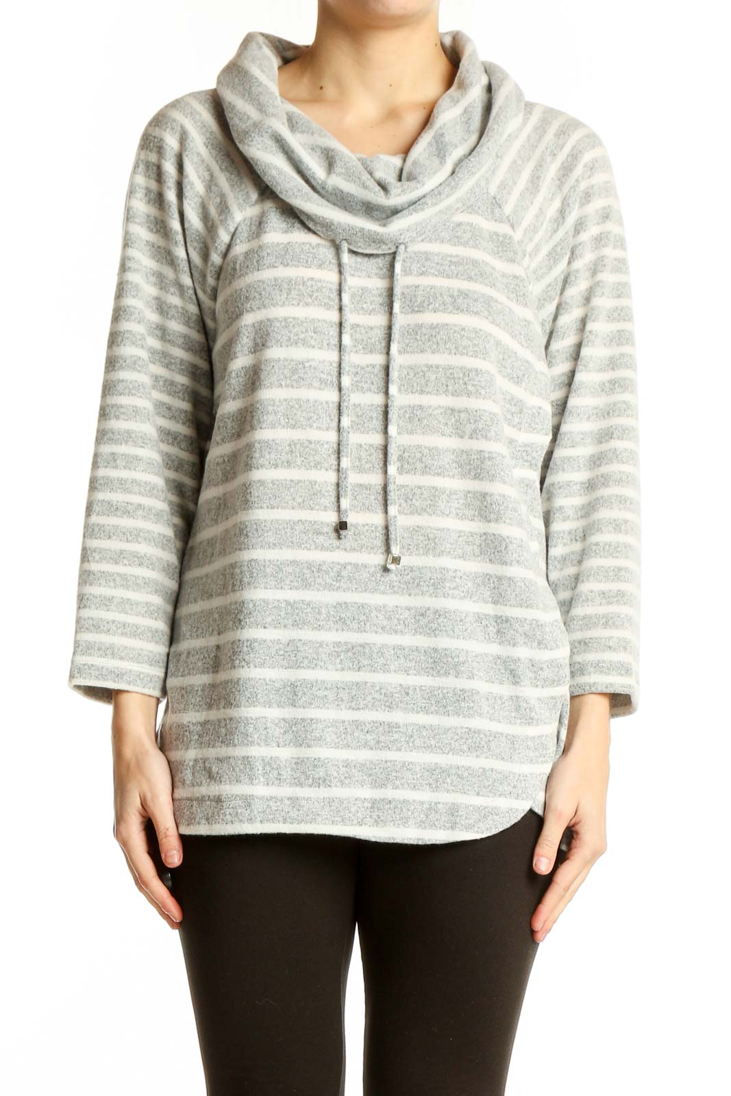 Gray Striped Cowl Neck Sweater Front