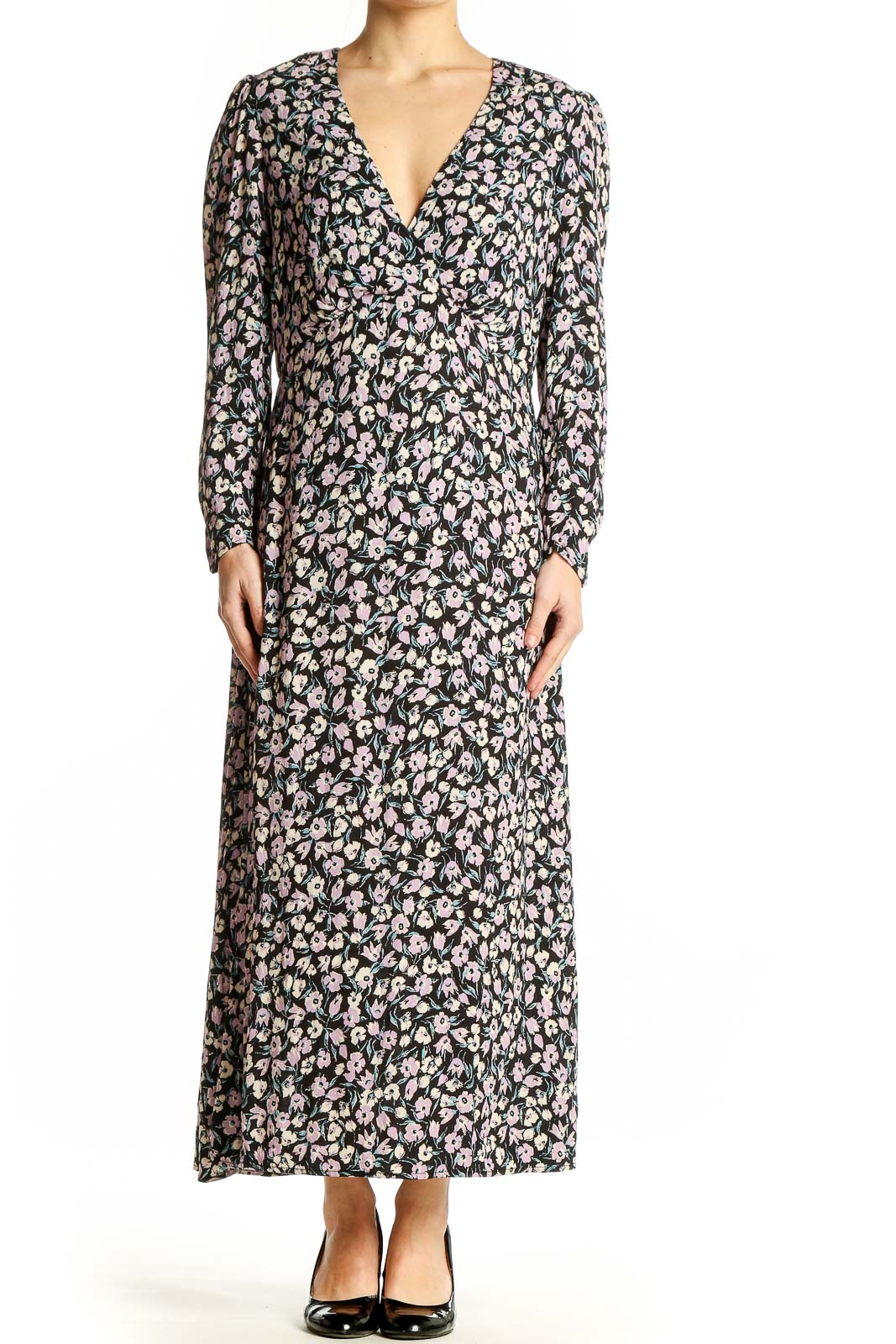 Black Floral Long Sleeve Maxi Dress Front