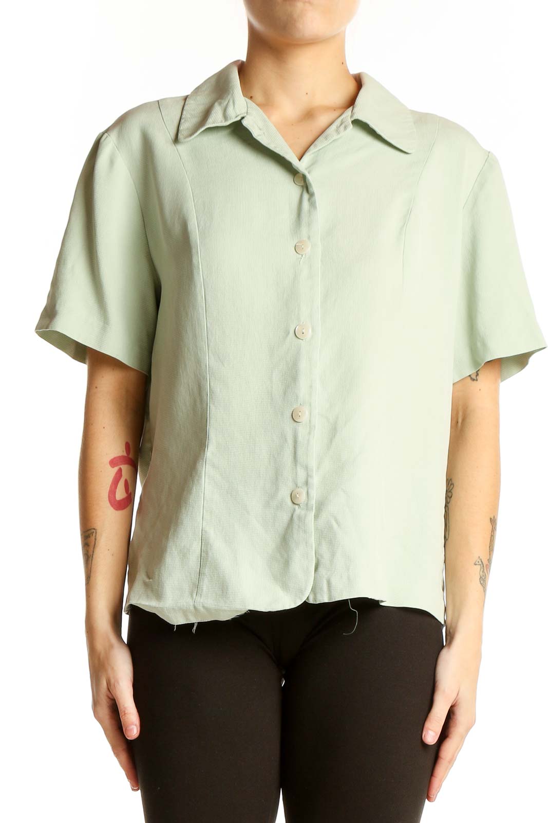 Mint Green Silk Button-Up Blouse Front