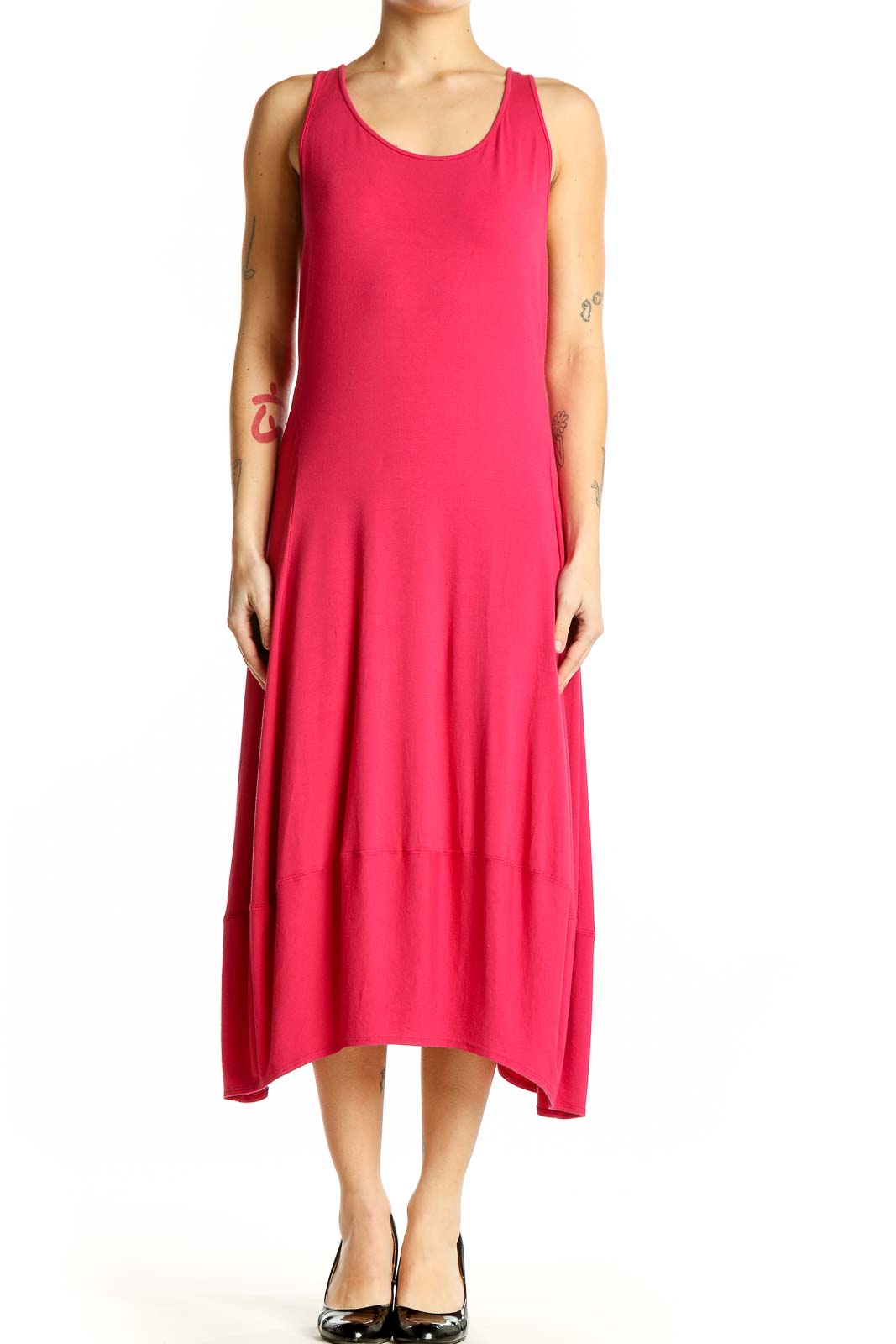 Pink Flowy Sleeveless Midi Dress Front