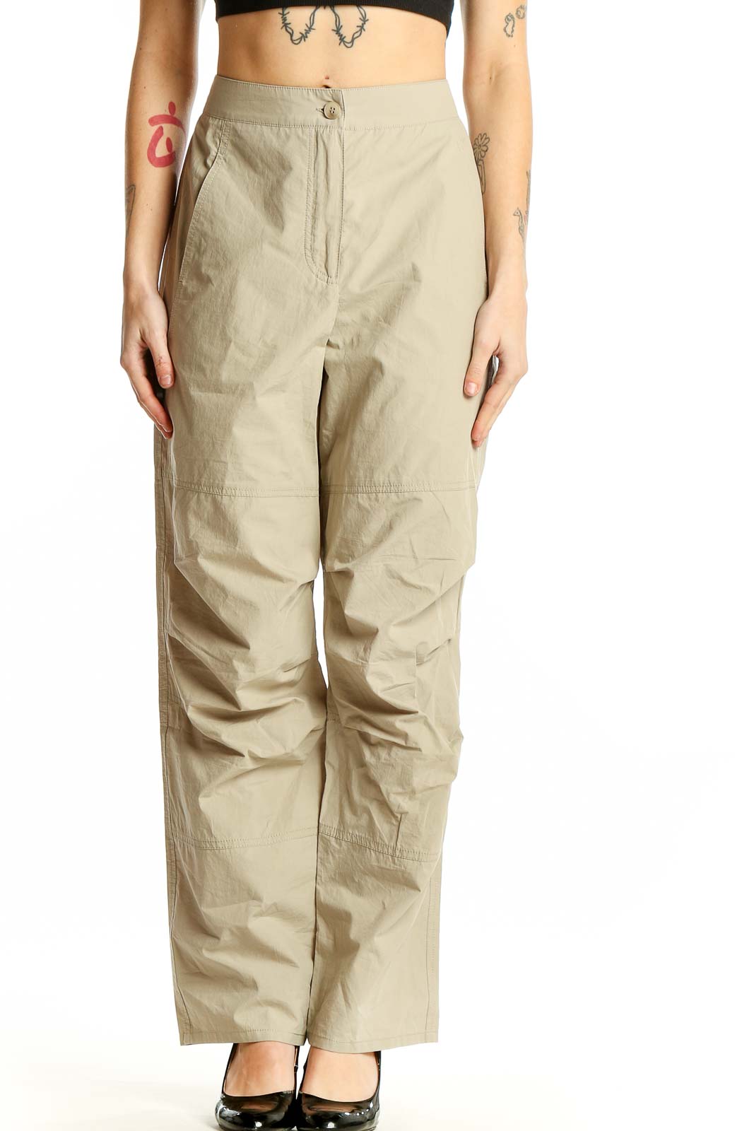 Beige Cotton High-Waisted Wide-Leg Pants Front