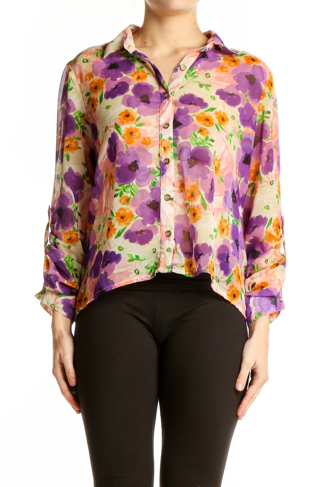 Purple Floral Button-Down Blouse Front