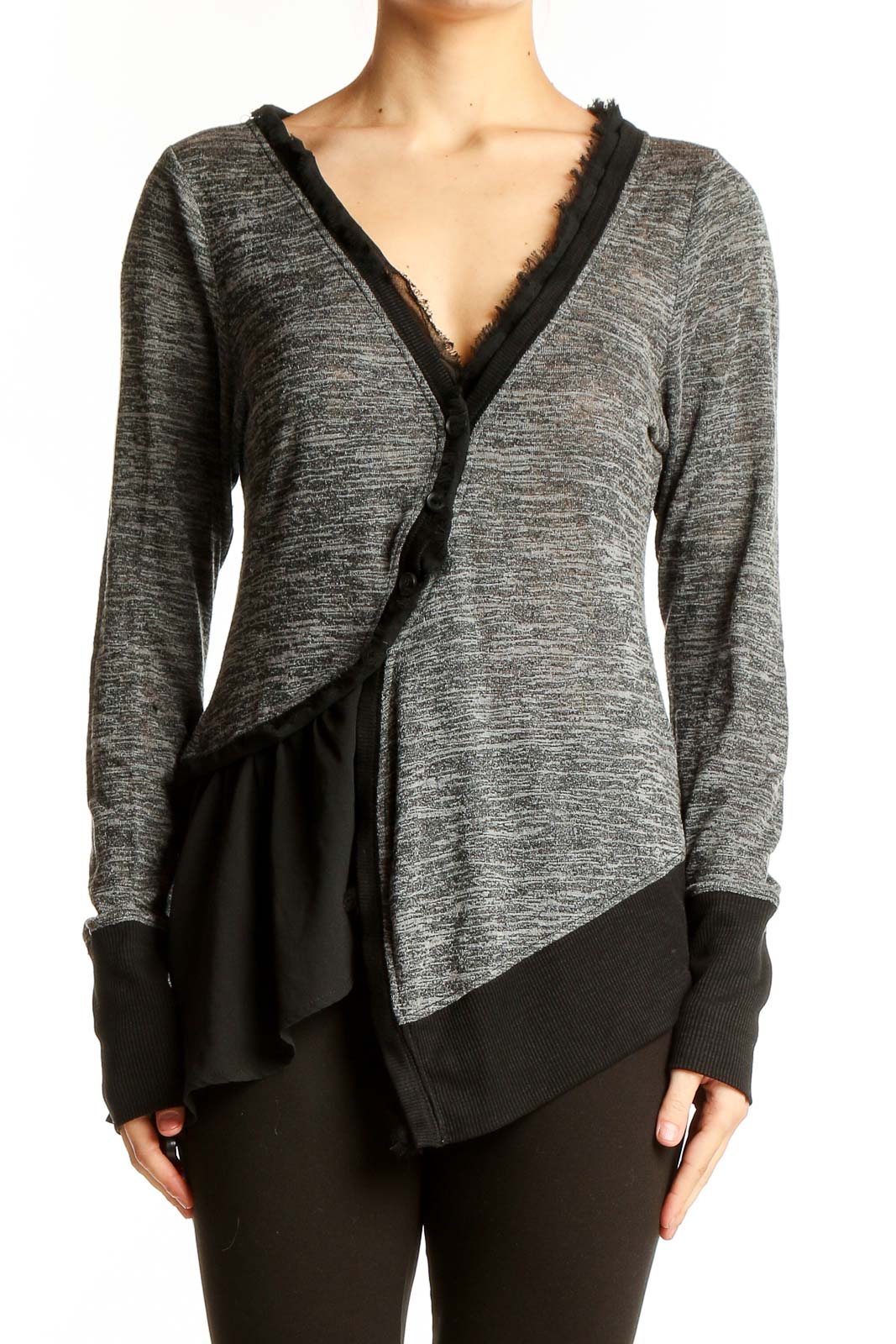 Gray Asymmetrical Wrap Cardigan Front