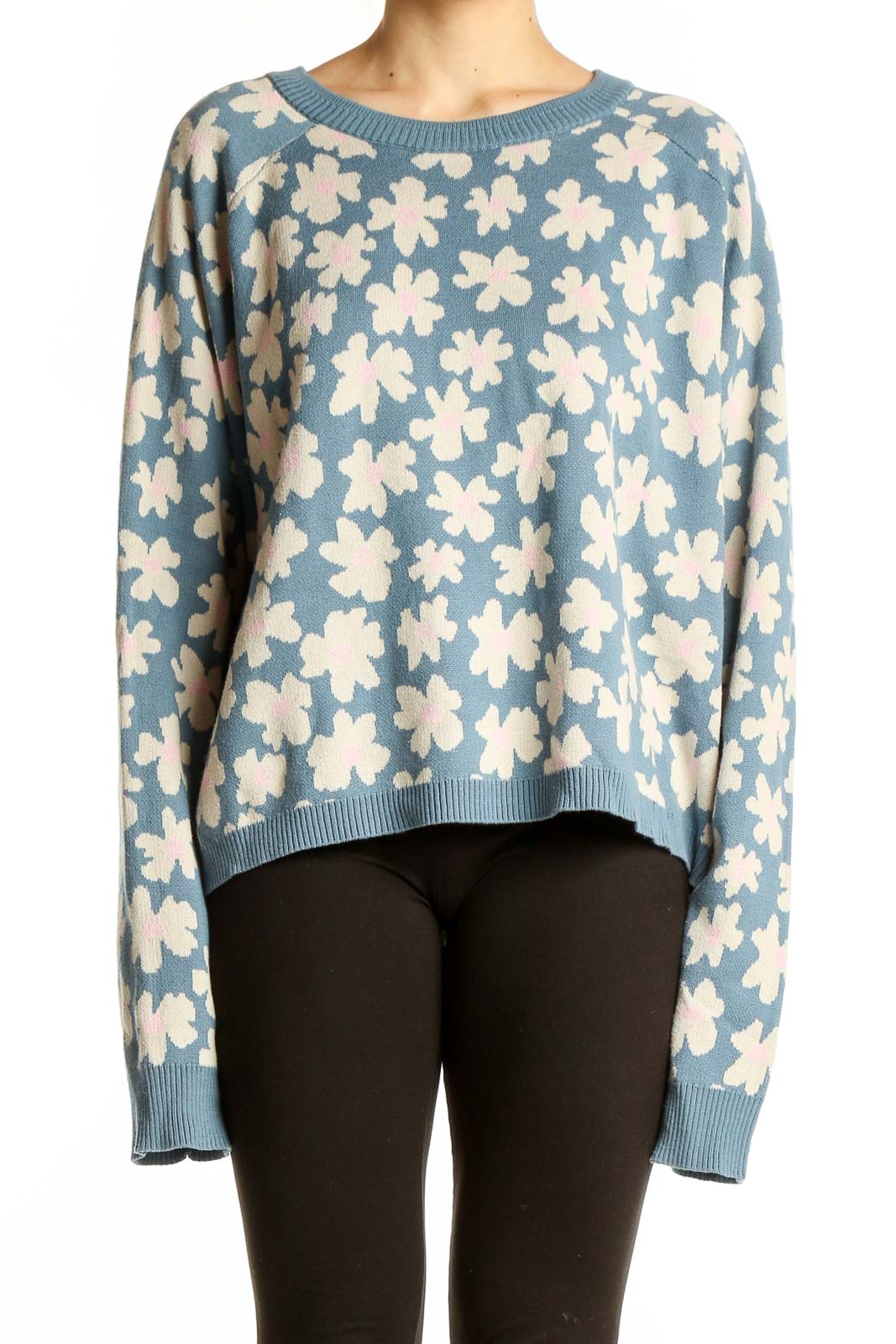 Blue Floral Knit Sweater Front