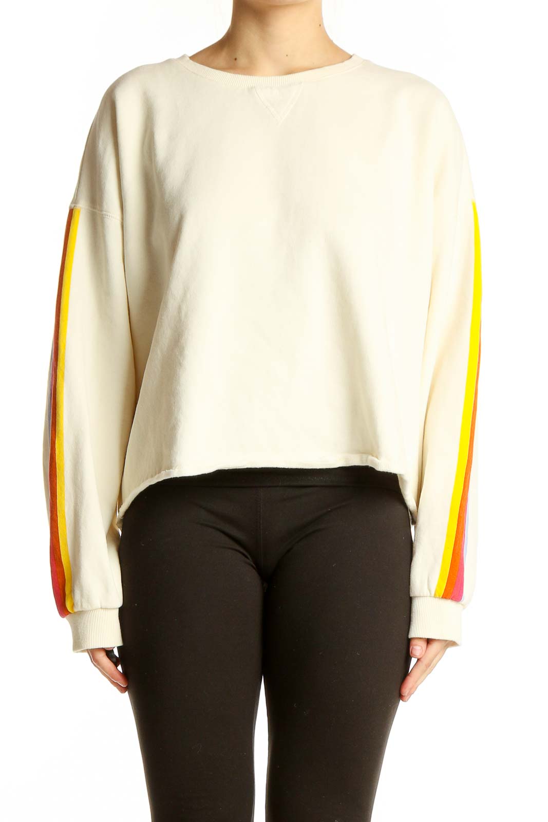 Cream Cropped Sweatshirt with Rainbow Stripes Front