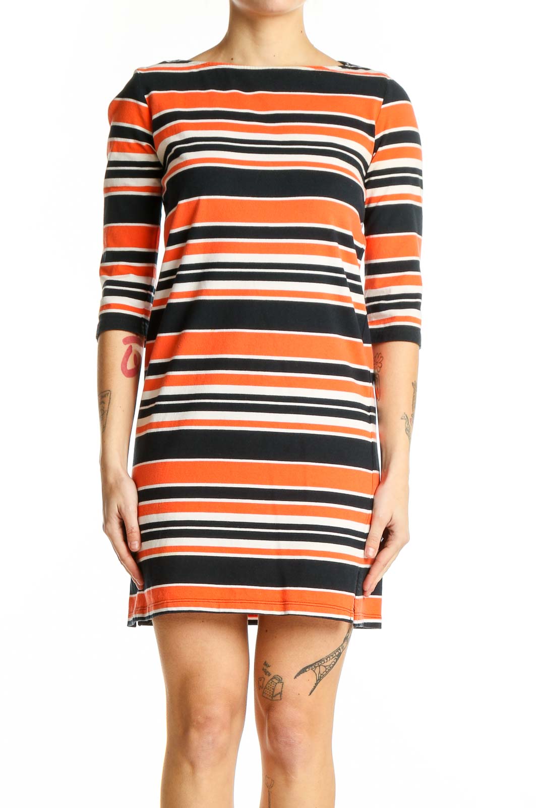 Orange Striped Cotton Shift Dress Front