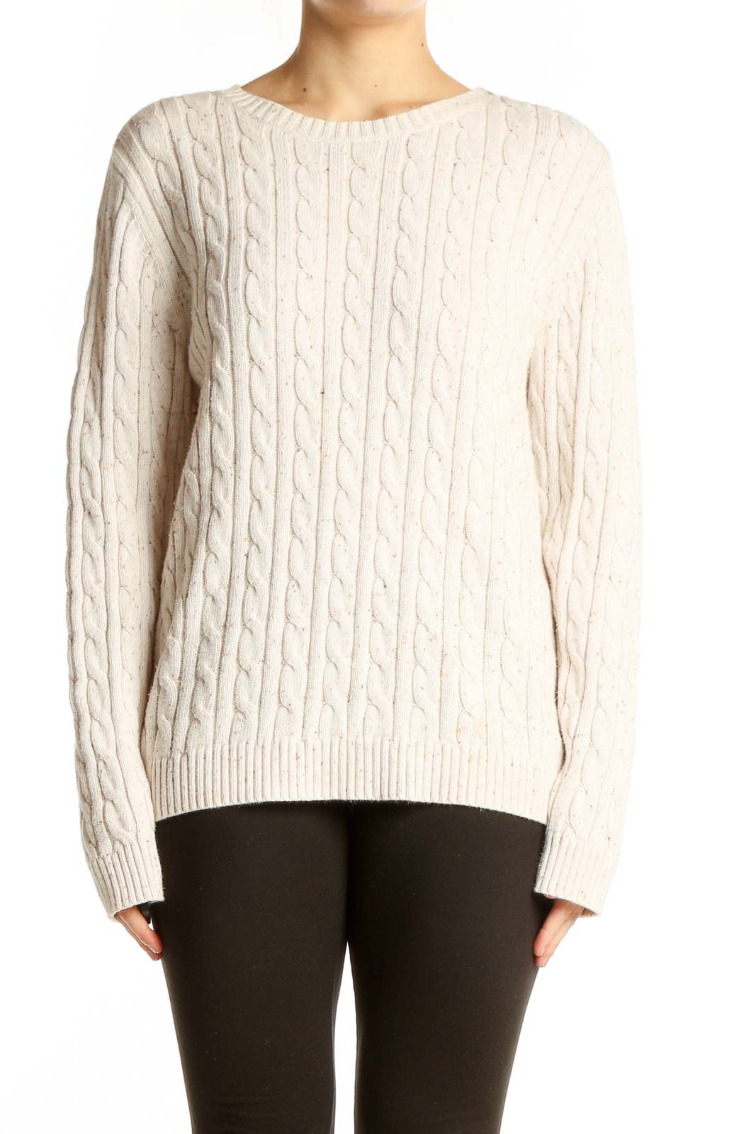 Cream Cable Knit Crewneck Sweater Front