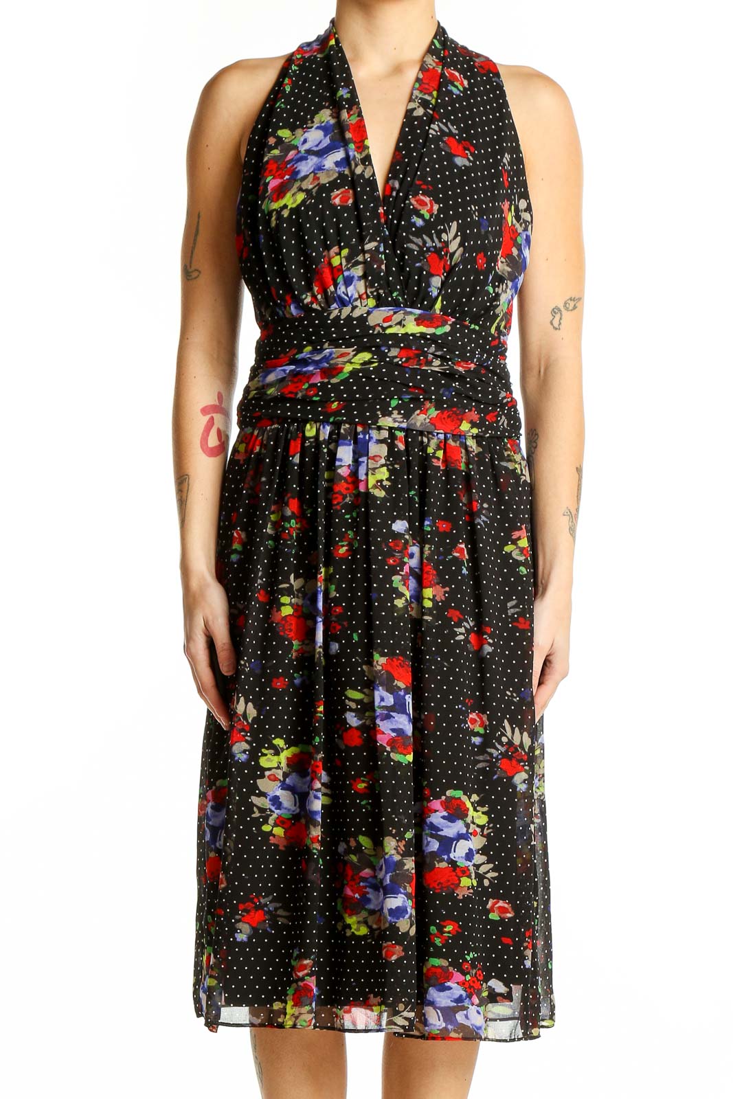 Black Floral Polka Dot Halter Dress Front