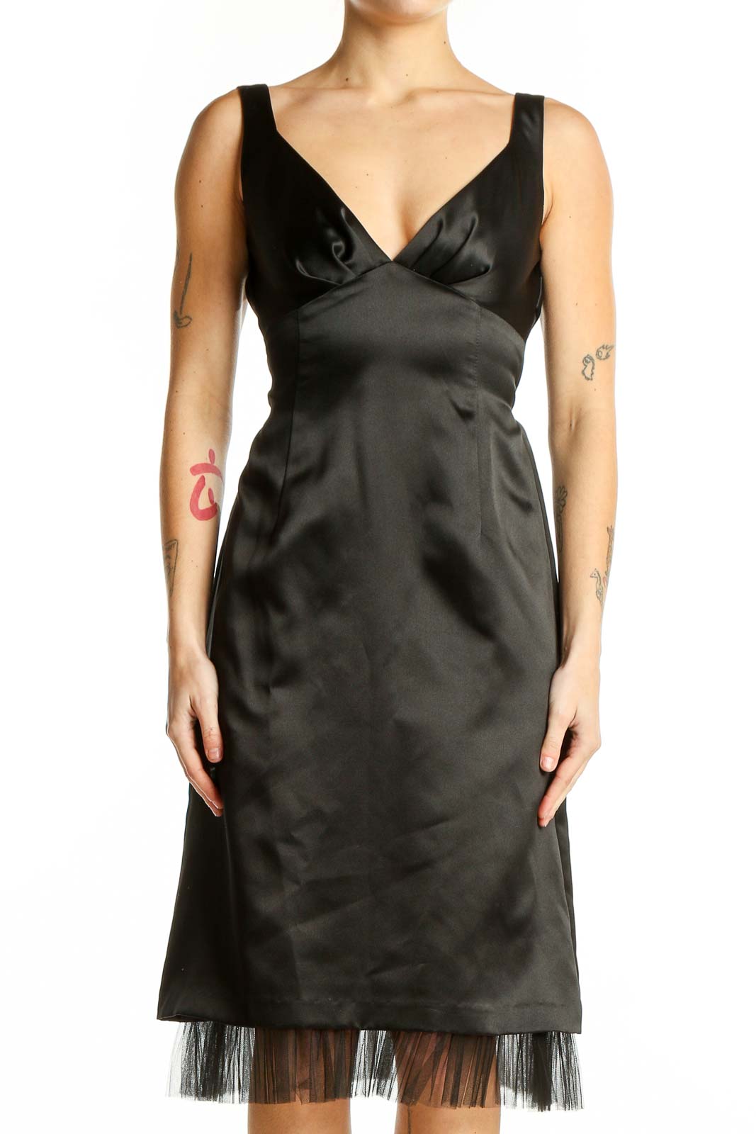 Black Satin Cocktail Dress with Tulle Hem Front