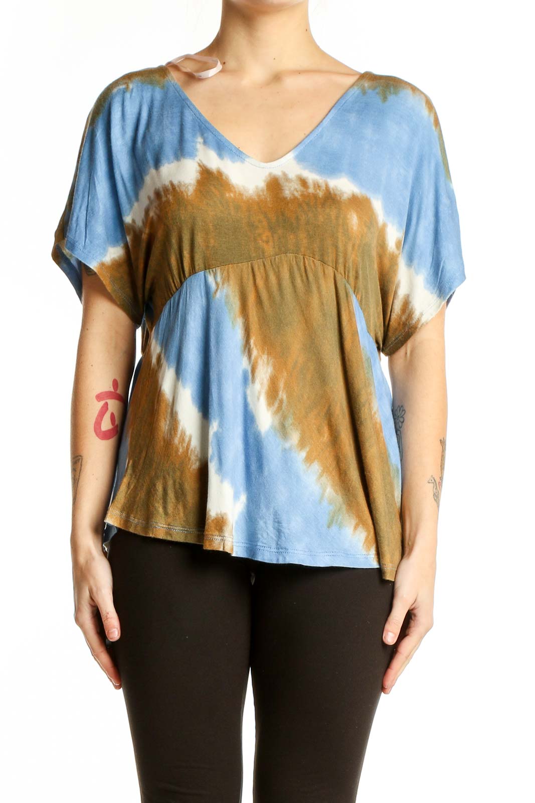 Blue and Brown Tie-Dye V-Neck Top Front