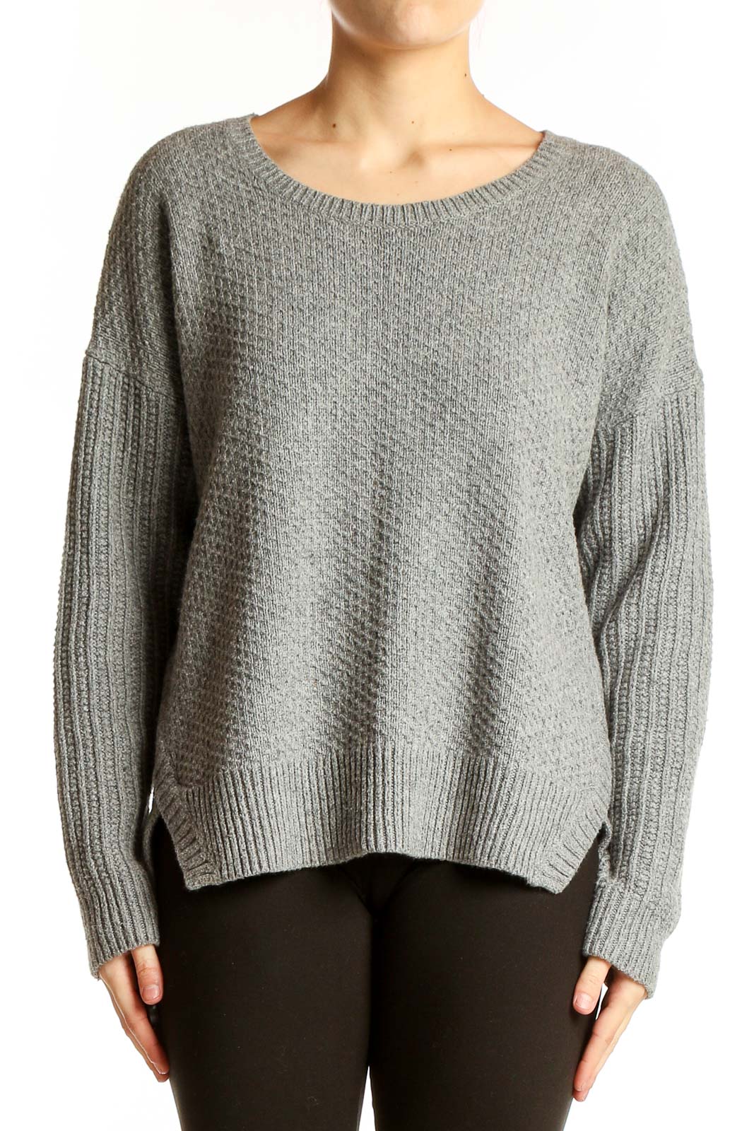 Gray Textured Knit Sweater Front