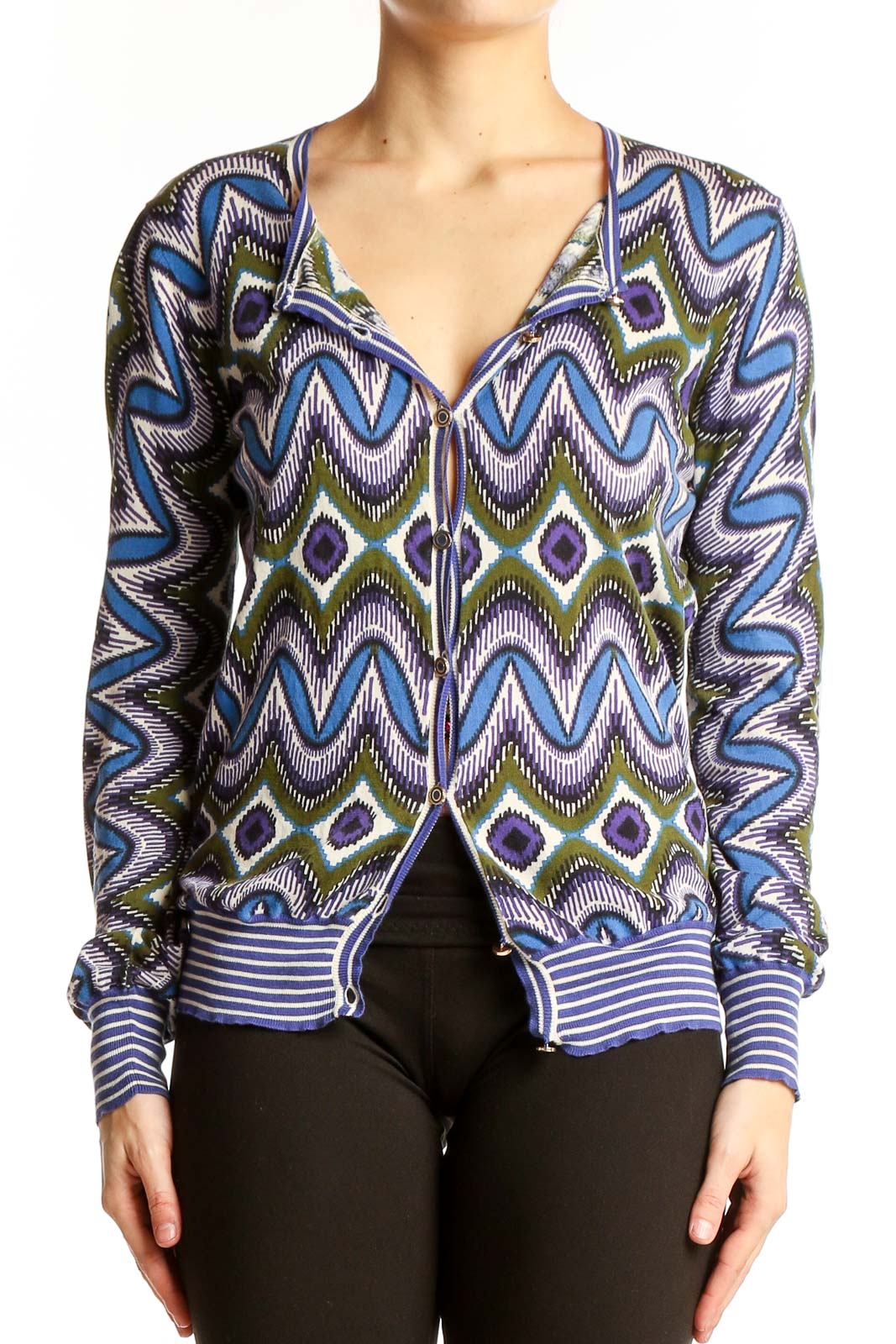 Blue Geometric Print Cotton Cardigan Front