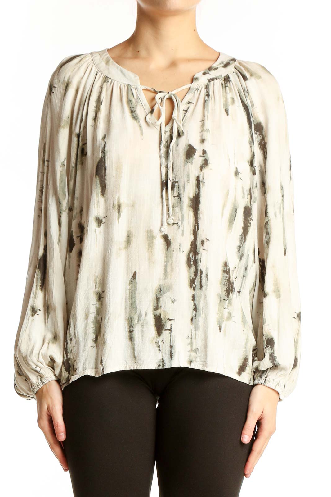 Cream Abstract Print Peasant Blouse Front