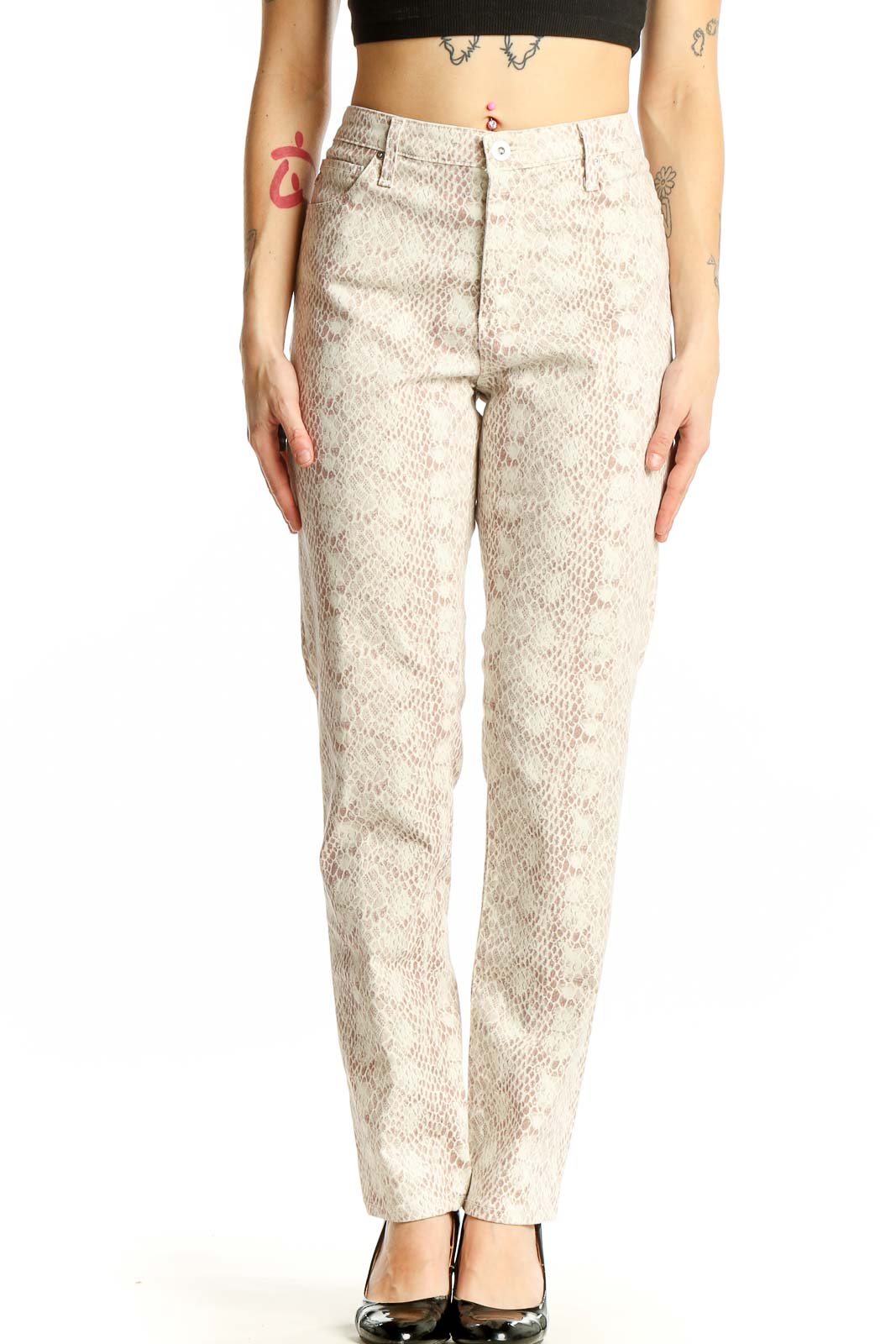 Beige Snake Print Denim Jeans Front